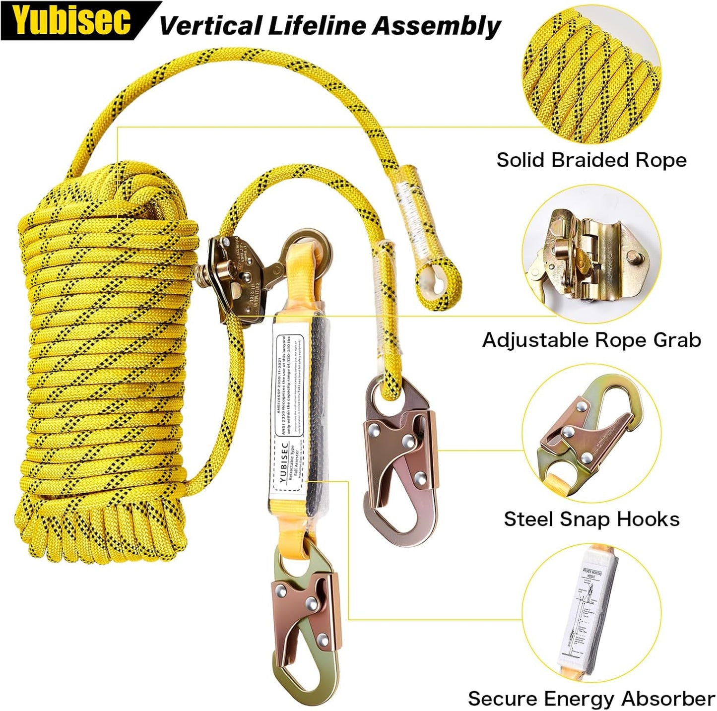 Rope Harness Safety Lanyard 100FT, Vertical Lifeline Assembly with Grab Snap Hooks Shock Absorber, Fall Protection Tree Climbing Lifeline Kit, Heavy Duty Roof Safety Equipment ANSI CE