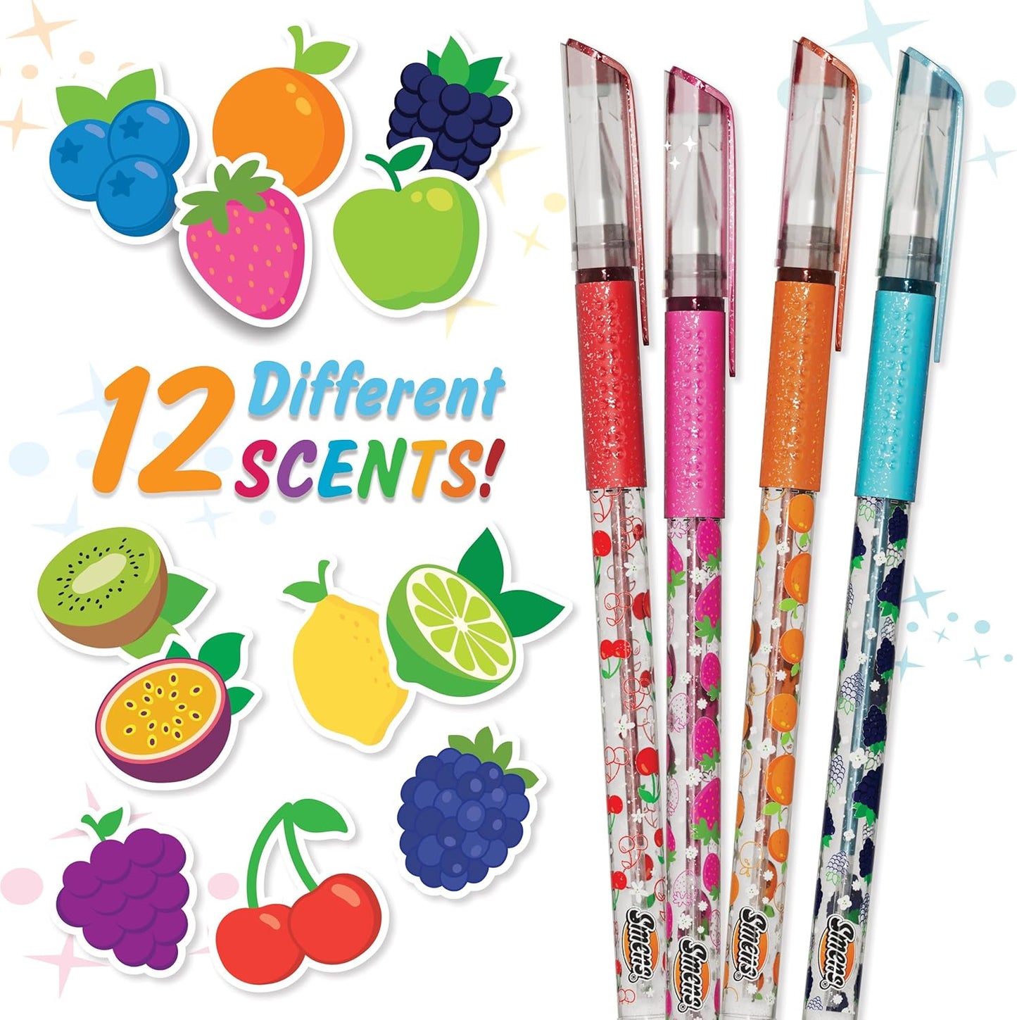 Smens Scented Glitter Gel Pens – 12 Pack Colored Gel Pens with Sparkly Ink & Gourmet Scented Grips – Fun School Supplies, Cute Journaling Pens & Creative Stationery Gift Set