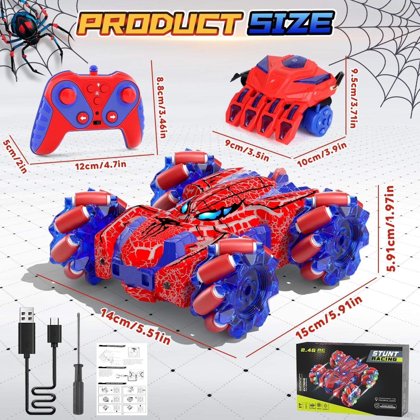 Spider Gesture Sensing Remote Control Car, Double Sided RC Cars with Full-Body Light, 2.4GHz Hand Controlled Rechargeable RC Stunt Car Toys for Boys 4 5 6 7 8 9 10 11 12