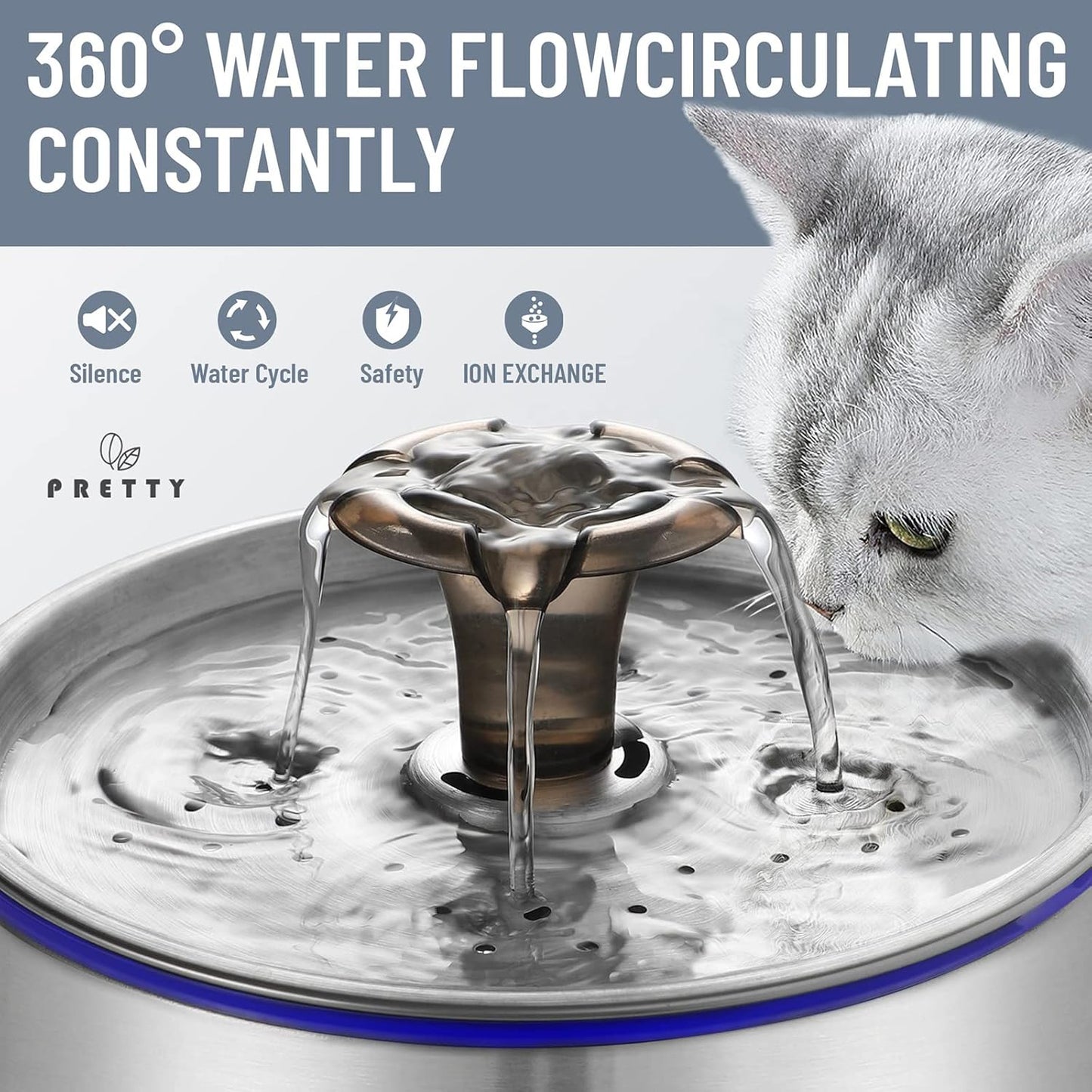 Cat Water Fountain Stainless Steel 84oz/2.5L Large Capacity Quiet Cat Water Dispenser, Automatic Pet Drinking Fountain for Cats Dogs Small Animals,Stainless Steel