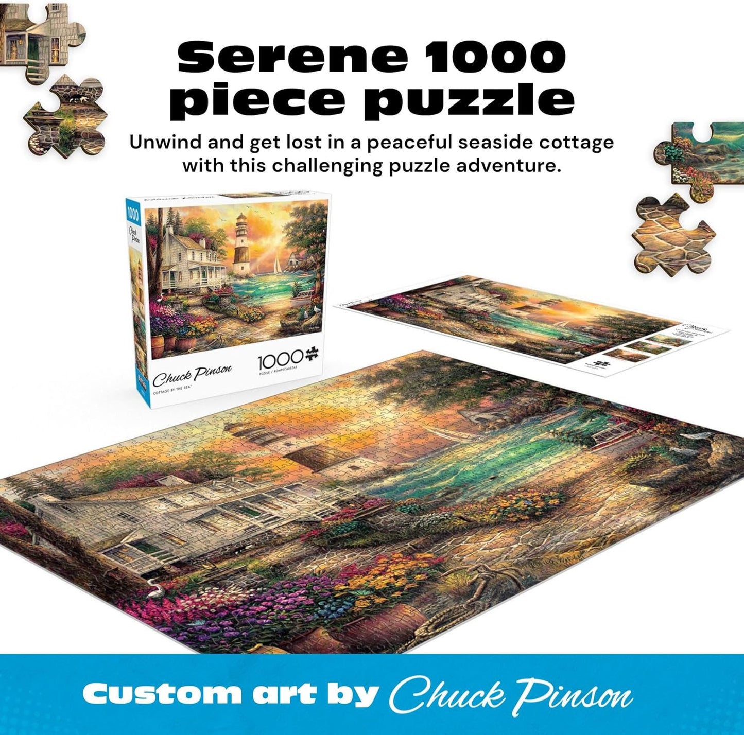 Buffalo Games - Chuck Pinson - Cottage by the Sea - 1000 Piece Puzzle for Adults, Serene Lighthouse Jigsaw with Poster, Premium Scenic Puzzle for Game Nights