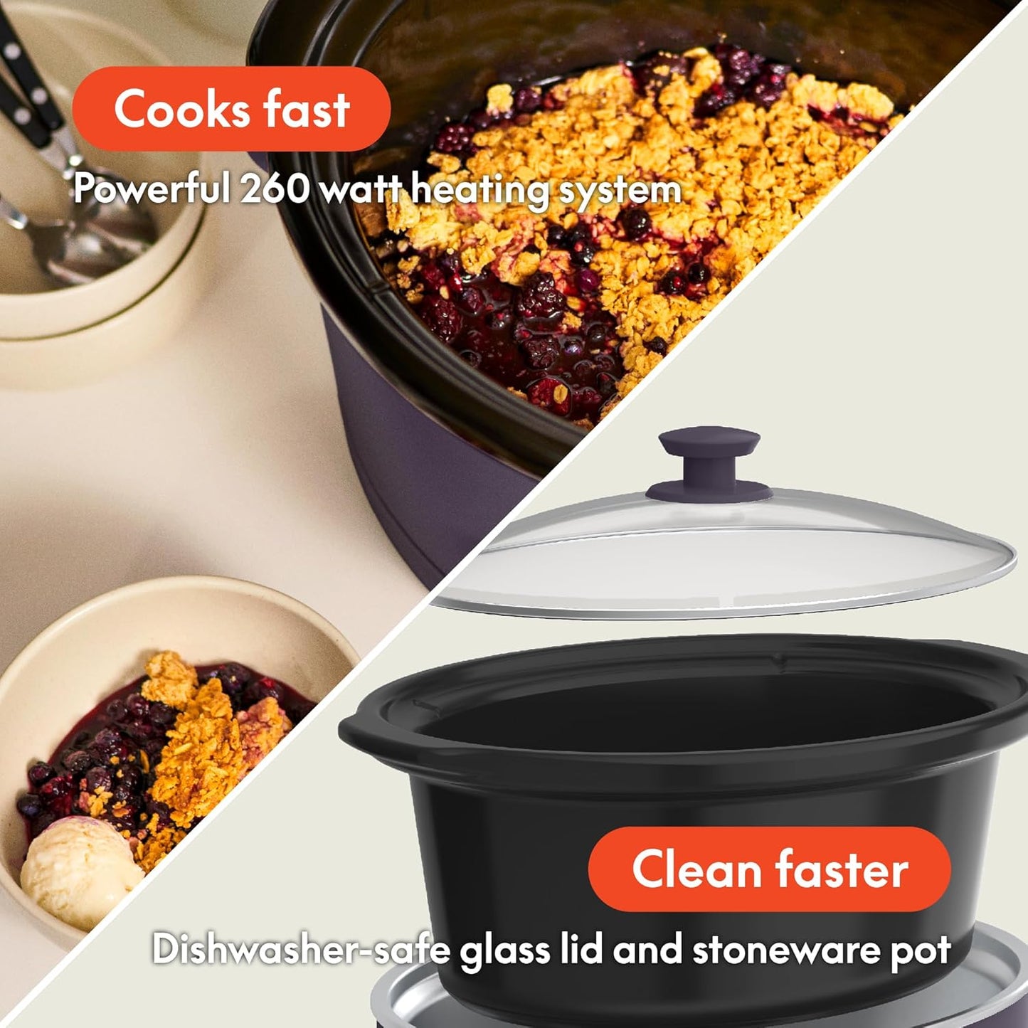 bella 6.0 Qt Programmable Slow Cooker, Ceramic Nonstick Coating, Adjustable Temperature & Cooking Times, Dishwasher Safe Stoneware Pot & Tempered Glass Lid, Tangle Free Cord Wrap, Plum