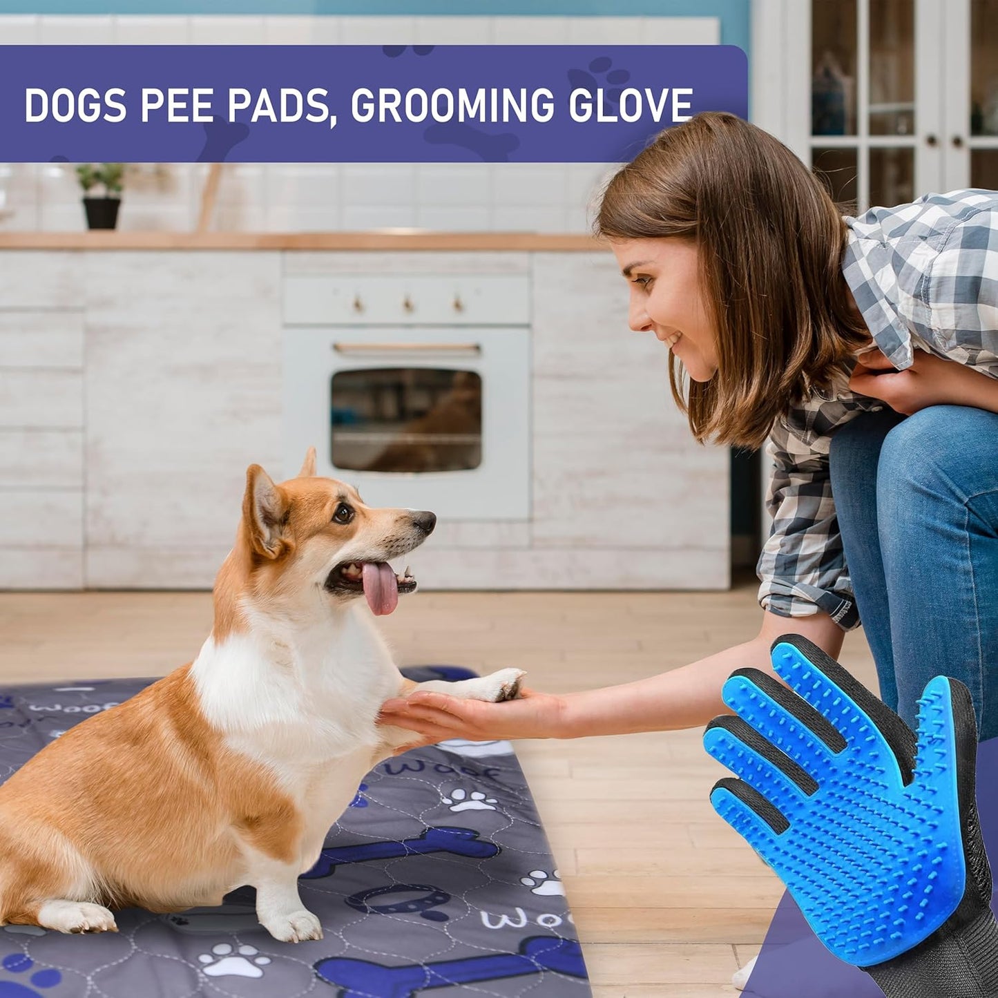 Reusable Pee Pad for Dogs - 2 Pack Blue Super Absorbent Whelping Pad Reusable Puppy Training Pads with Pet Grooming Gloves, Waterproof, Leak-Proof & Non-Slip (34 x 36)
