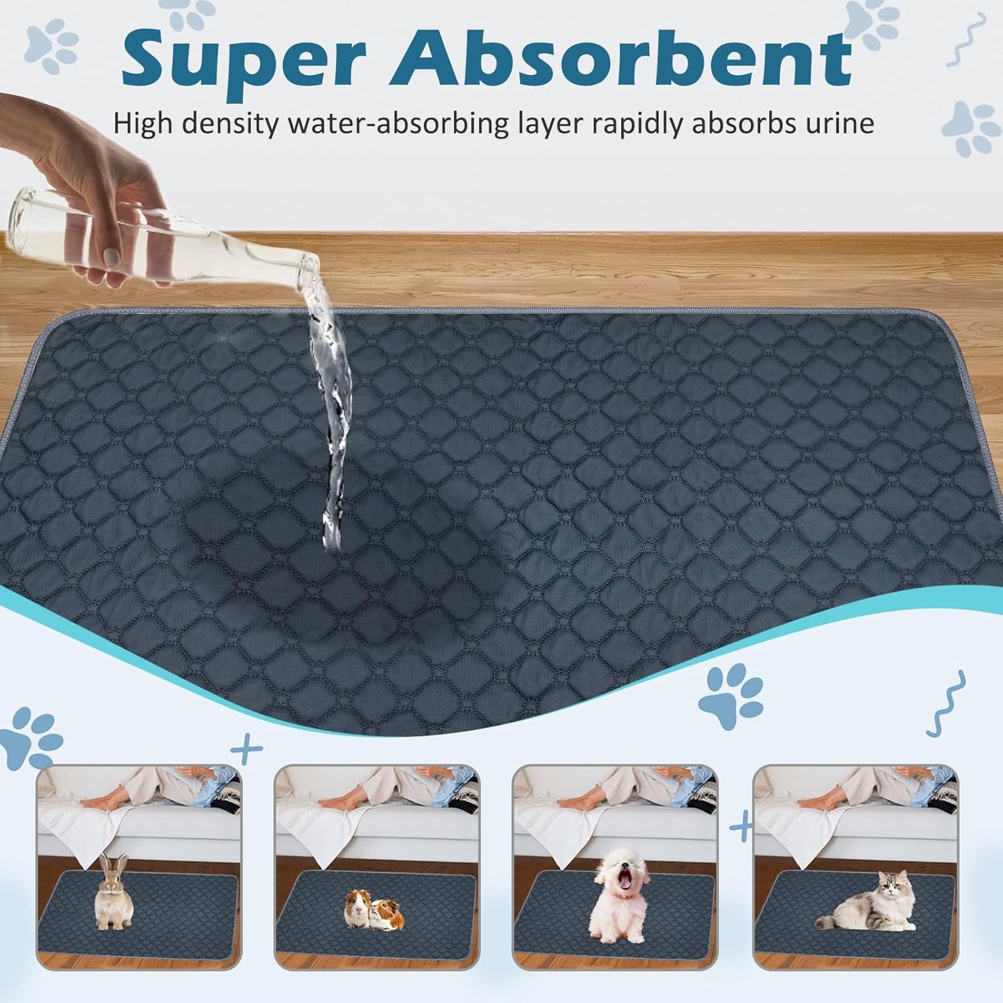 Reusable Guinea Pig Cage Liners, 47" x 24" (Pack of 2) Washable Pee Pads , Super Absorbent & Waterproof & Anti-Slip Pet Bedding Liner for Dogs, Bunny, Small Animals (Gray)
