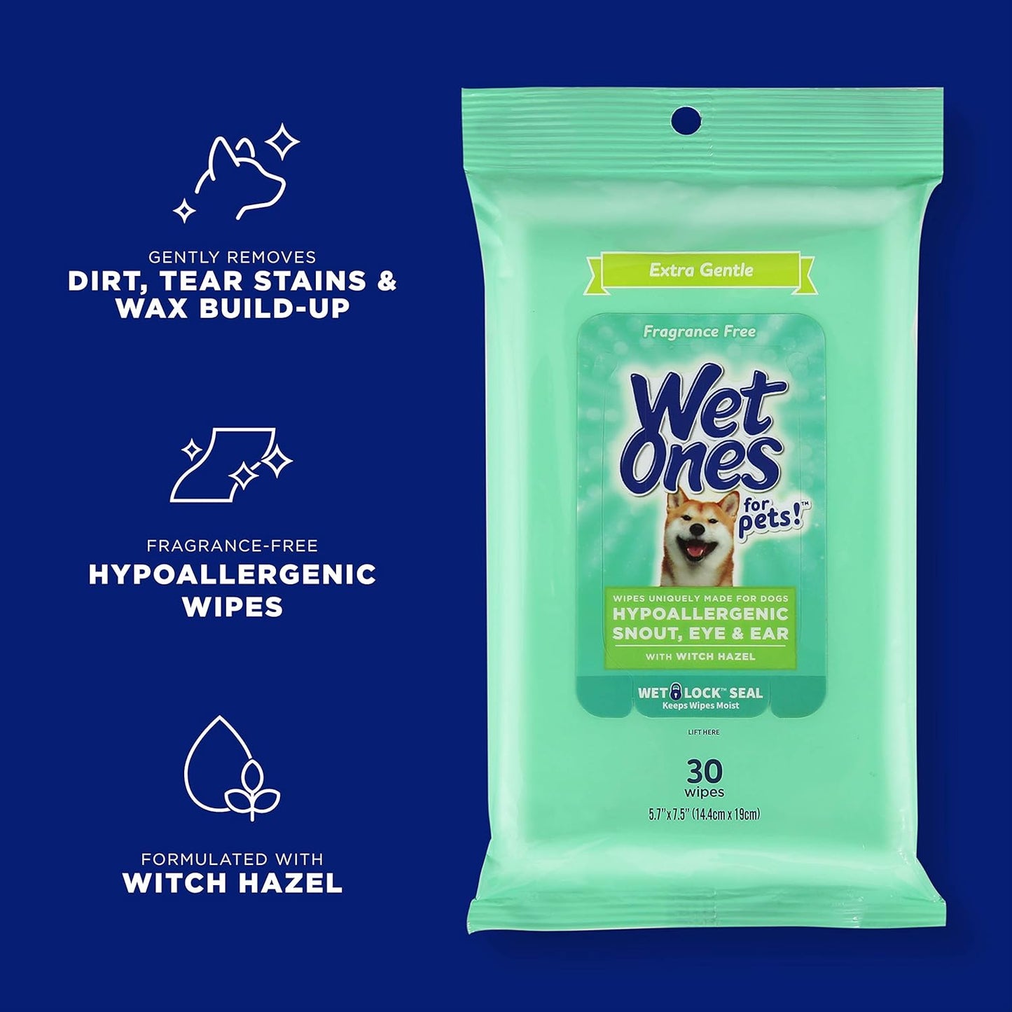 Wet Ones for Pets Extra Gentle Dog Wipes with Witch Hazel for Snout, Eye, Ear - Fragrance-Free Wipes for Dogs with Wet Lock Seal, 30 Count