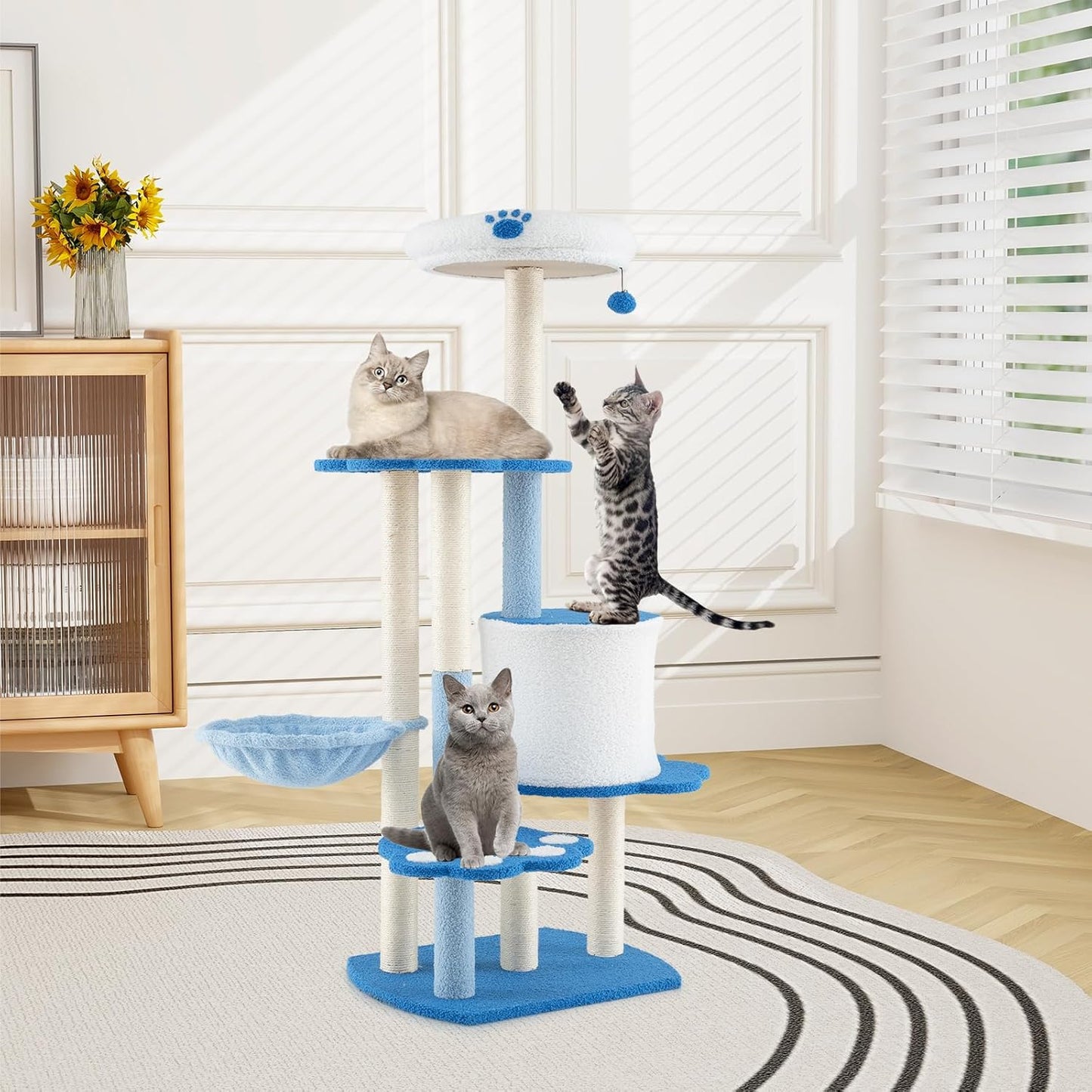 Tangkula Cat Tree Tower, 54 Inch Tall Cat Tree with Cat Condo, Hammock, Dangling Ball, Plush Fabric Top Perch, Cute Cat Tower with Sisal Scratching Post for Indoor Cats Large Adult
