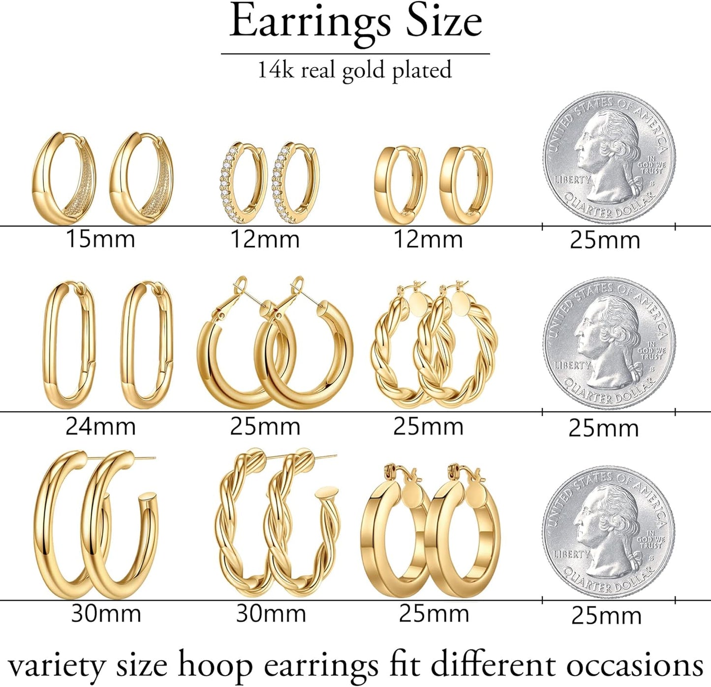 Yesteel 9 Pairs Gold Hoop Earrings for Women, 14K Real Gold Plated Chunky Hoop Earrings Set for Women Hypoallergenic Thick Lightweight Earring for Womens Jewelry Gifts