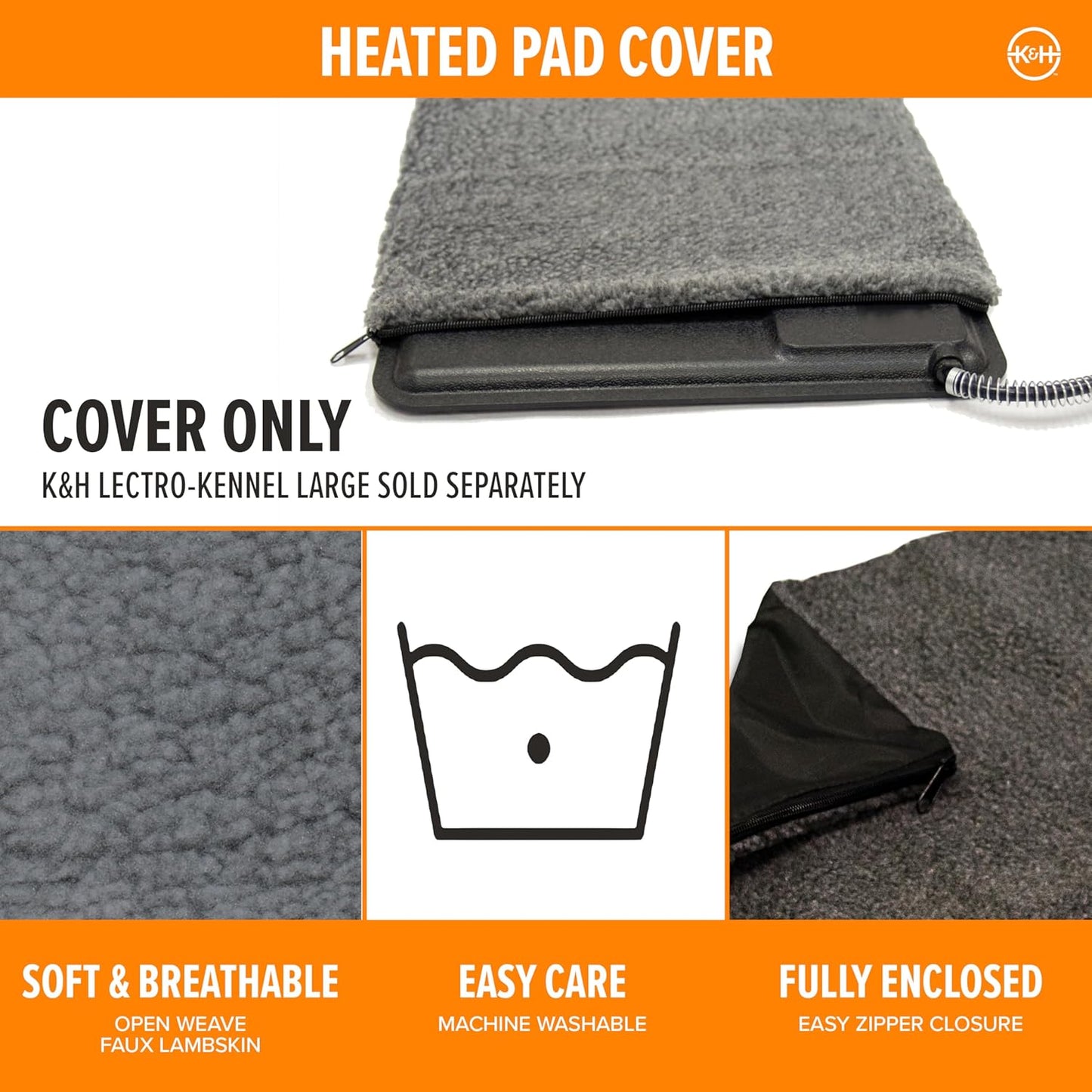 K&H Pet Products Lectro-Kennel Outdoor Heated Pad Deluxe Cover, Fits K&H Lectro-Kennel Large Pads (Heated Pads Sold Separately), Machine Washable Zippered Soft Fleece Cover - 28.5 X 22.5in Gray