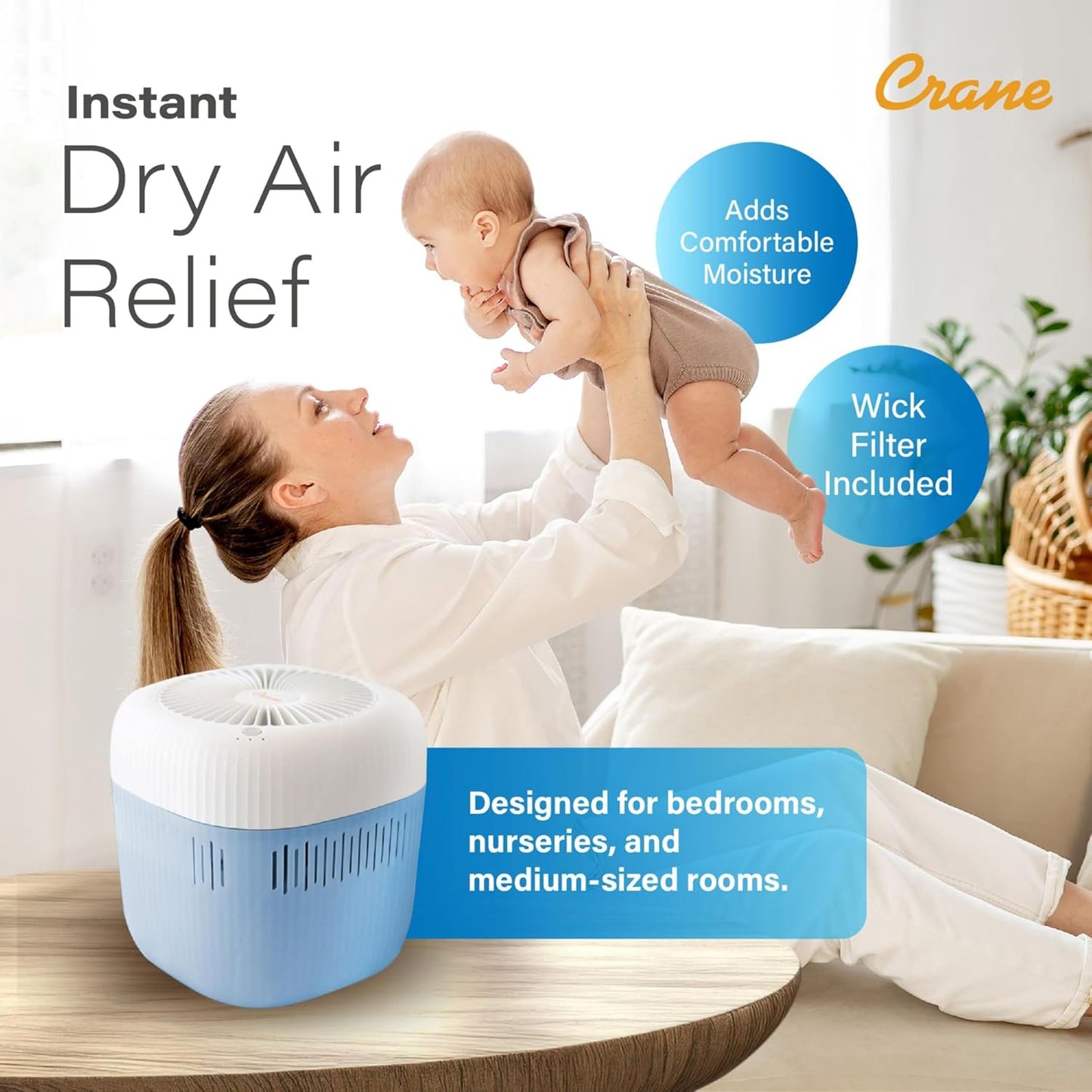 Crane Evaporative Humidifier With Wick Filter, Dishwasher Safe Tank, UV Light, Invisible Mist Evaporative Humidifiers for Bedroom, Nursery, Office, Easy Clean Humidifier 3.8L Tank, Up To 250 SQ FT