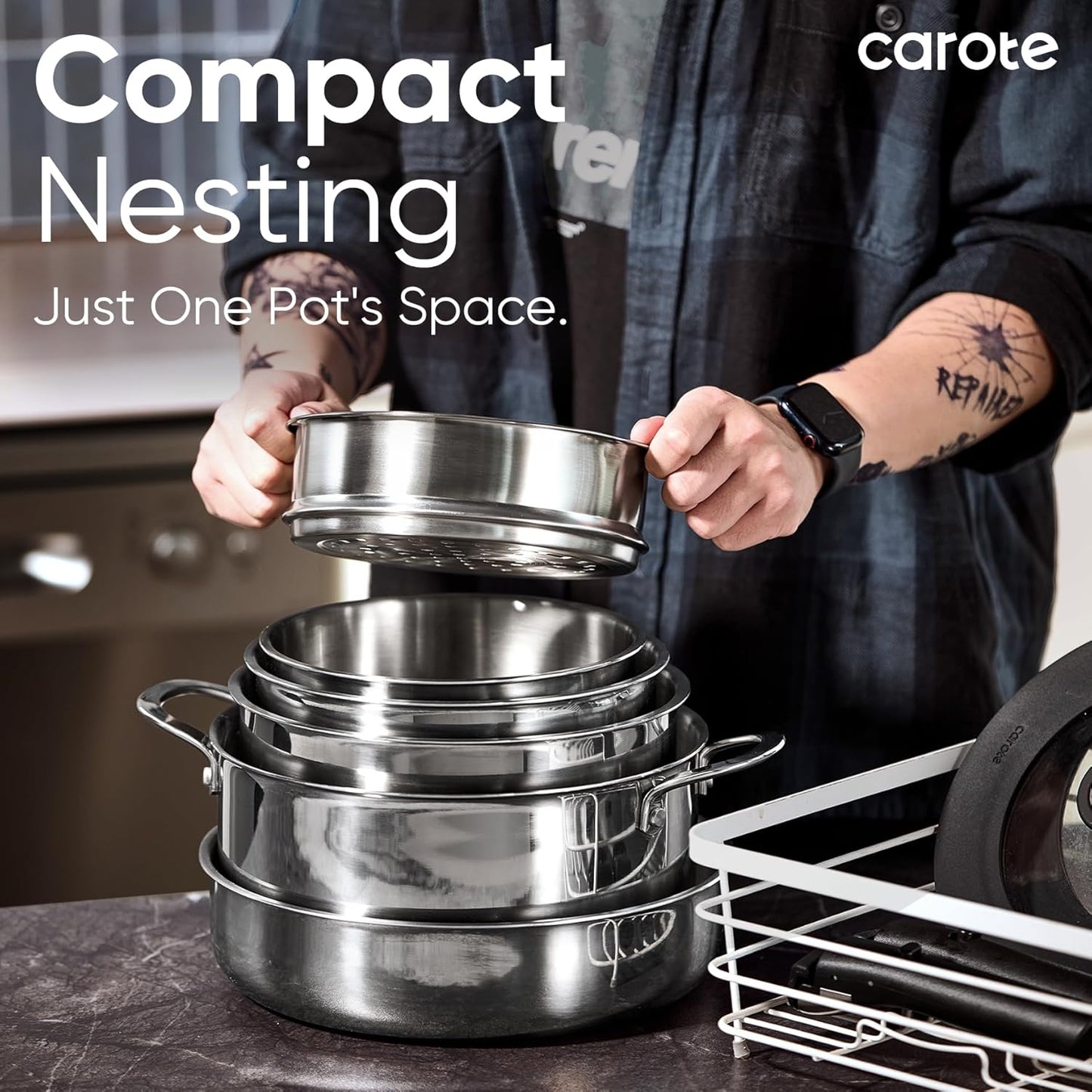 CAROTE 18pcs Stainless Steel Cookware Set with Detachable Handle, Nonstick Pots and Pans Set, Induction Kitchen Cookware Sets with Removable Handle, RV Cookware Set, Oven Safe, Camping Cookware, Black