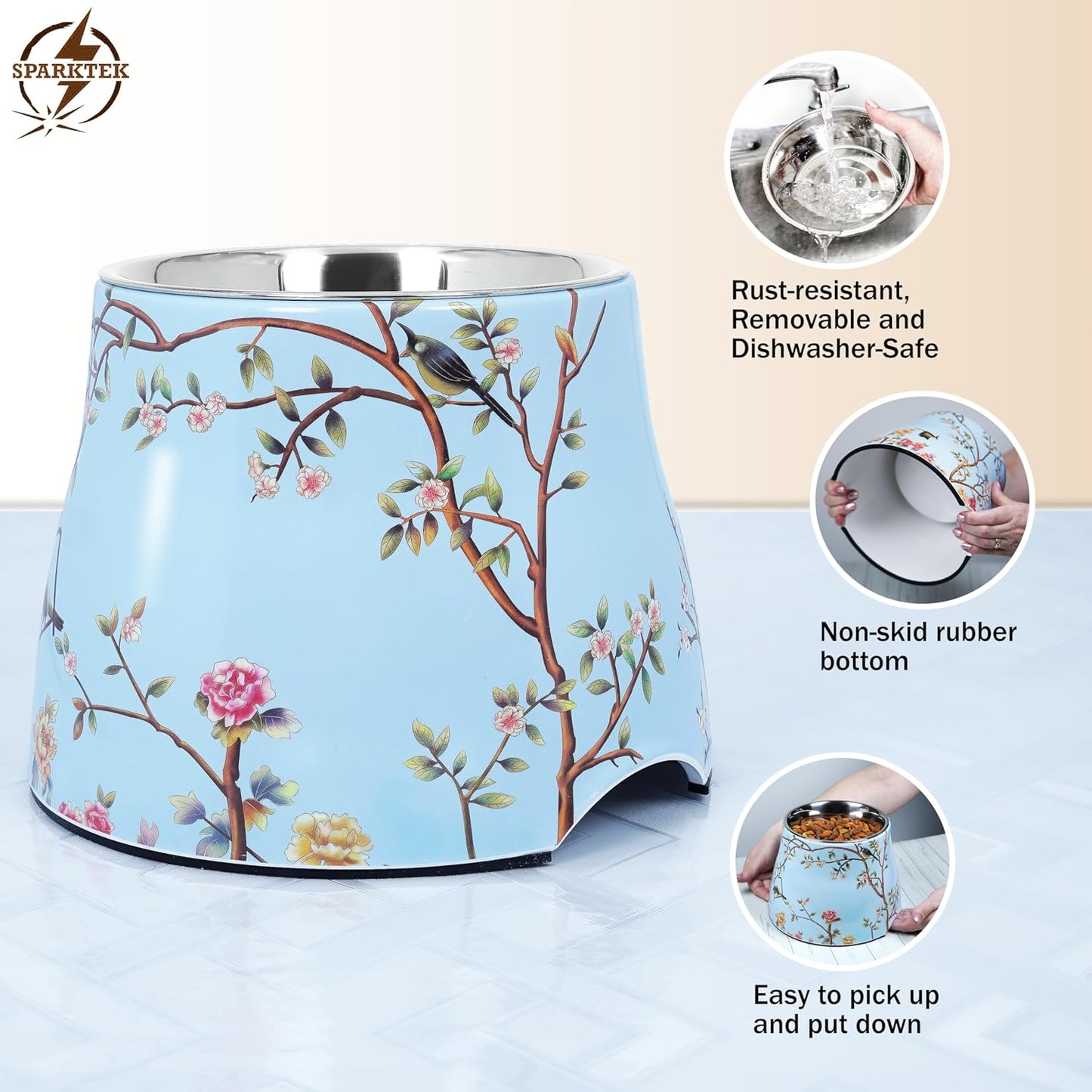 Elevated Dog Bowl 7inch Height Ideal for Medium Size Dogs it has Food-Grade 304 Stainless Steel Bowls for Food/Water Beautiful Design Non-Slip 3.8 Cups(860ml) Capacity Bowl Feeder (Blue)