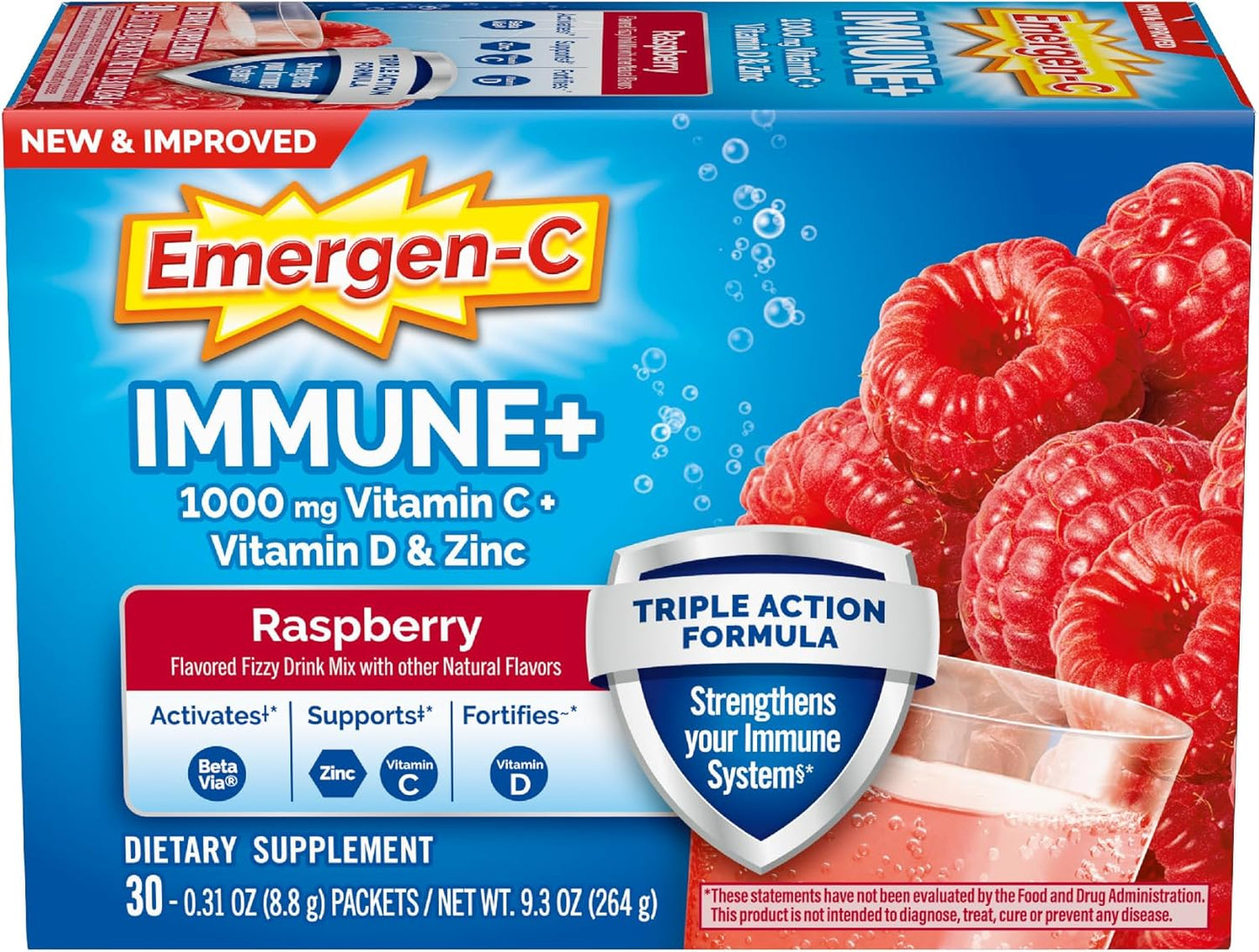 Emergen-C Immune+ Triple Action Immune Support Powder, BetaVia (R), 1000mg Vitamin C, B Vitamins, Vitamin D and Antioxidants, Raspberry – 30 Count