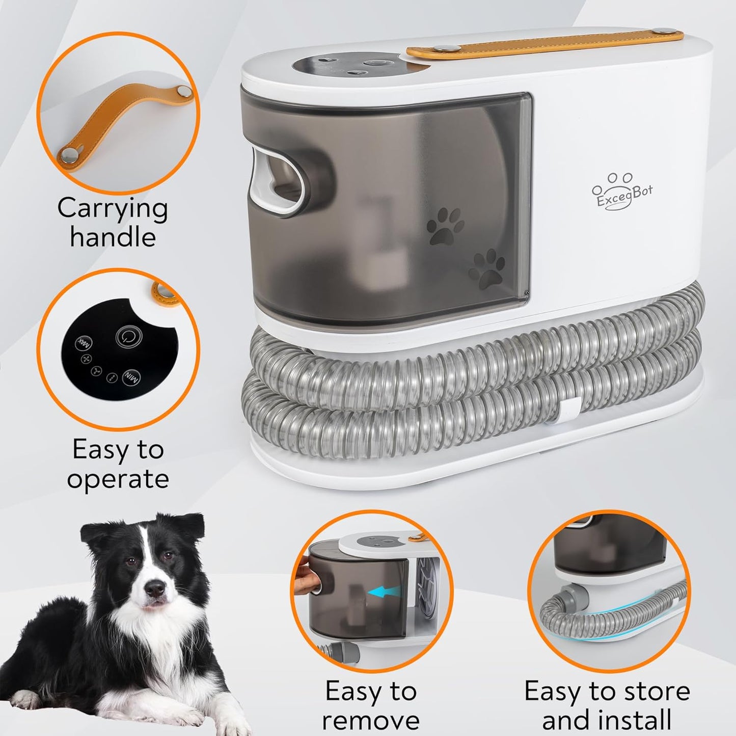 Pet Grooming Vacuum for Dogs & Cats, 12kPa Strong Suction, ≤50dB Quiet, 2L Dust Cup, 5-in-1 Grooming Kit with Ceramic Clippers, 6 Guide Combs, Vacuum for Shedding & Long-Haired Breeds