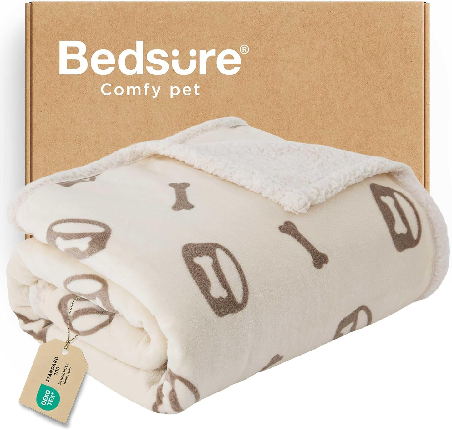 Bedsure Waterproof Blanket for Bed - Soft Print Sherpa Fleece Pet Cat Dog Blankets for Large Dogs Couch Protection, Soft Plush Reversible Furniture Protector, Twin Size, 60"x80", Beige