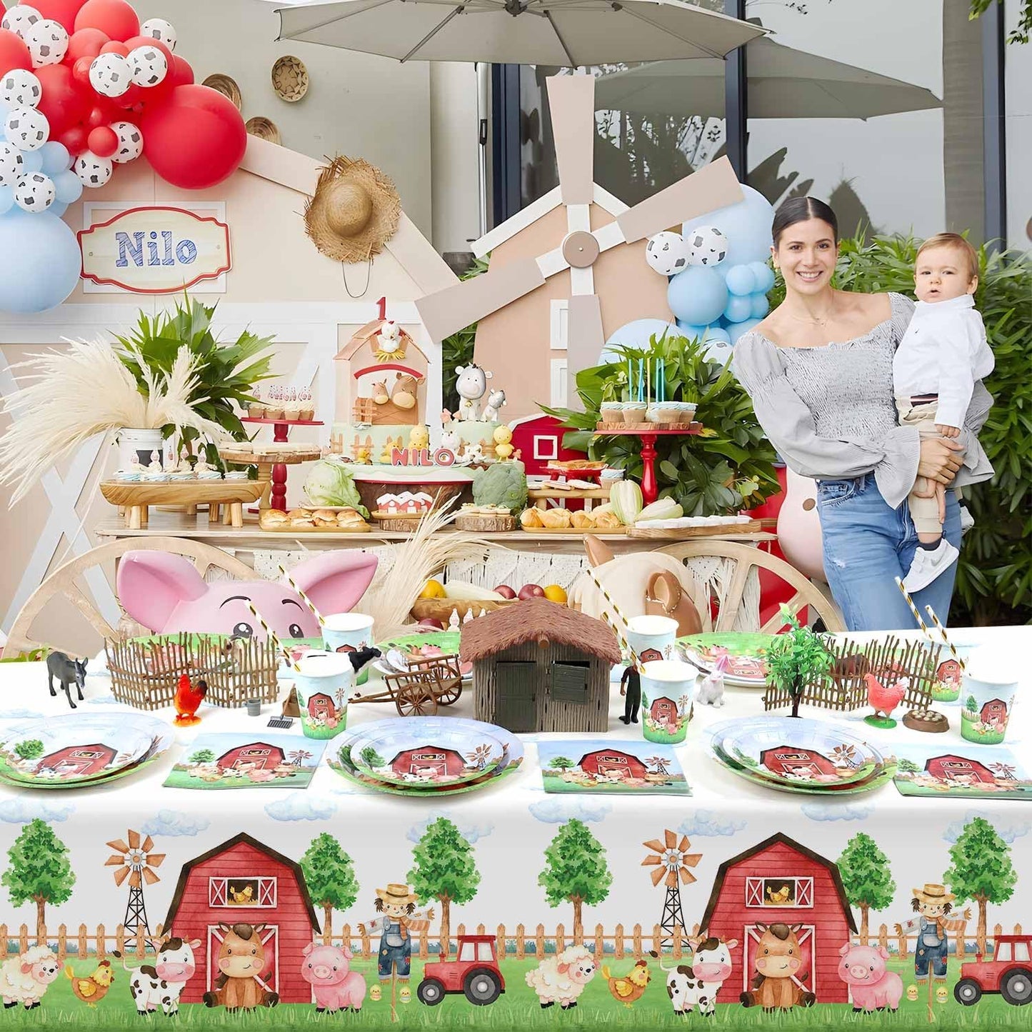 3 Pieces Farm Animal Birthday Party Supplies Tablecloth, Large Size 54 x 108 Inch Rectangular Plastic Table Cover, Barnyard Birthday Party Supplies Decorations for Baby Shower Boys Girls