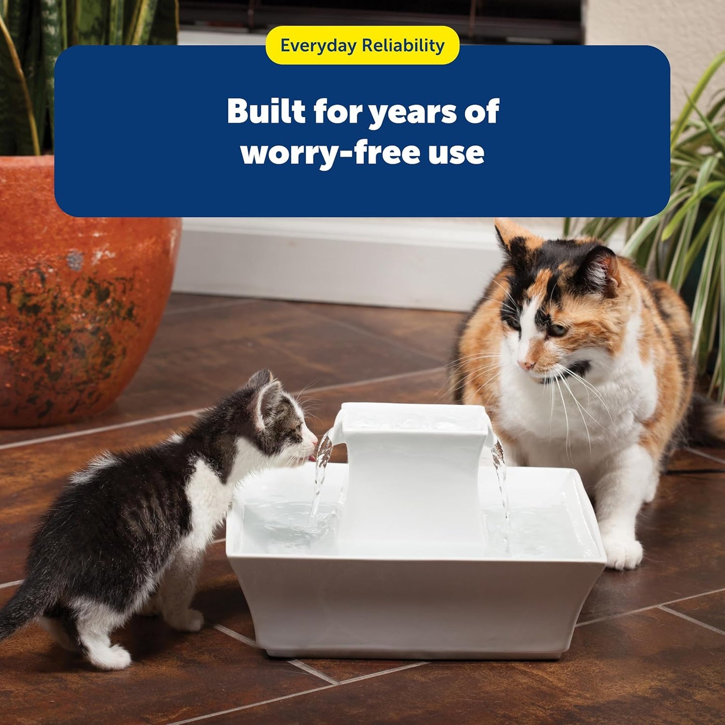 PetSafe Drinkwell Pagoda Fountain - Hygienic Ceramic Continuous Flowing Fountain - Elevated Upper Bowl & Double Free-Falling Stream Design - Minimalist Pet Hydration Station - 70 oz Capacity