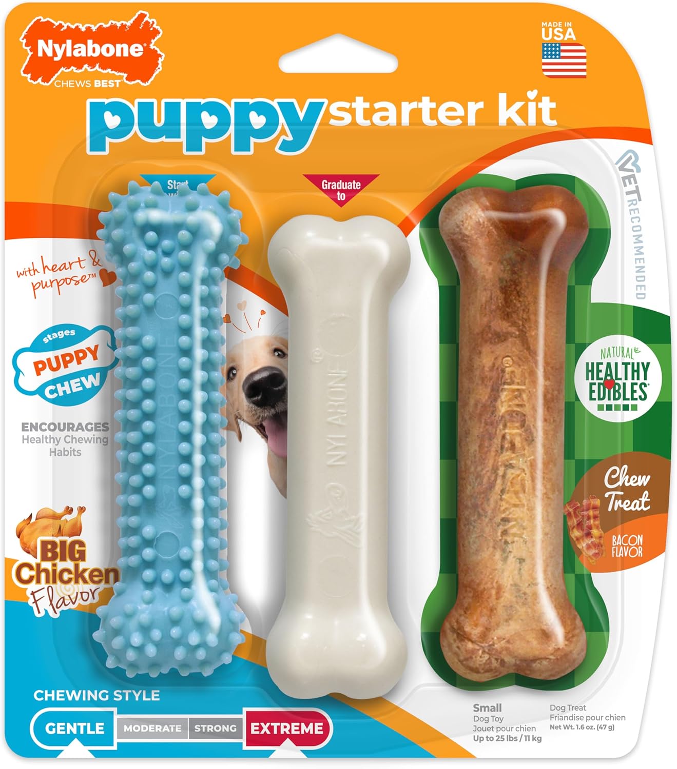 Nylabone New Puppy Starter Kit, Chew Toys & Natural Chew Treat for Puppies, Puppy Enrichment Teething Toys, Blue, Long Lasting Chicken & Bacon Flavor, Small Dogs - Up to 25 Ibs, 3 Pack