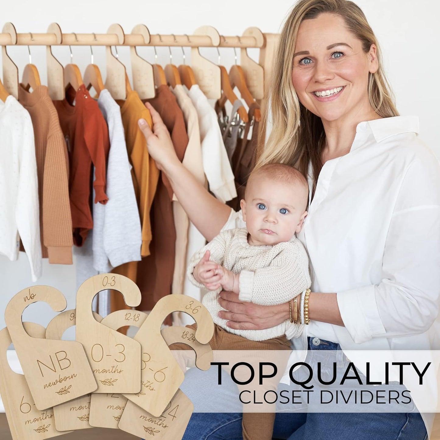 Beautiful Wooden Baby Closet Dividers Set of 7 - Double-Sided Organizer for Newborn to 24 Months Size Clothes - Adorable Nursery Decor Hanger Dividers Easily Organize Your Little Girls or Boys Room