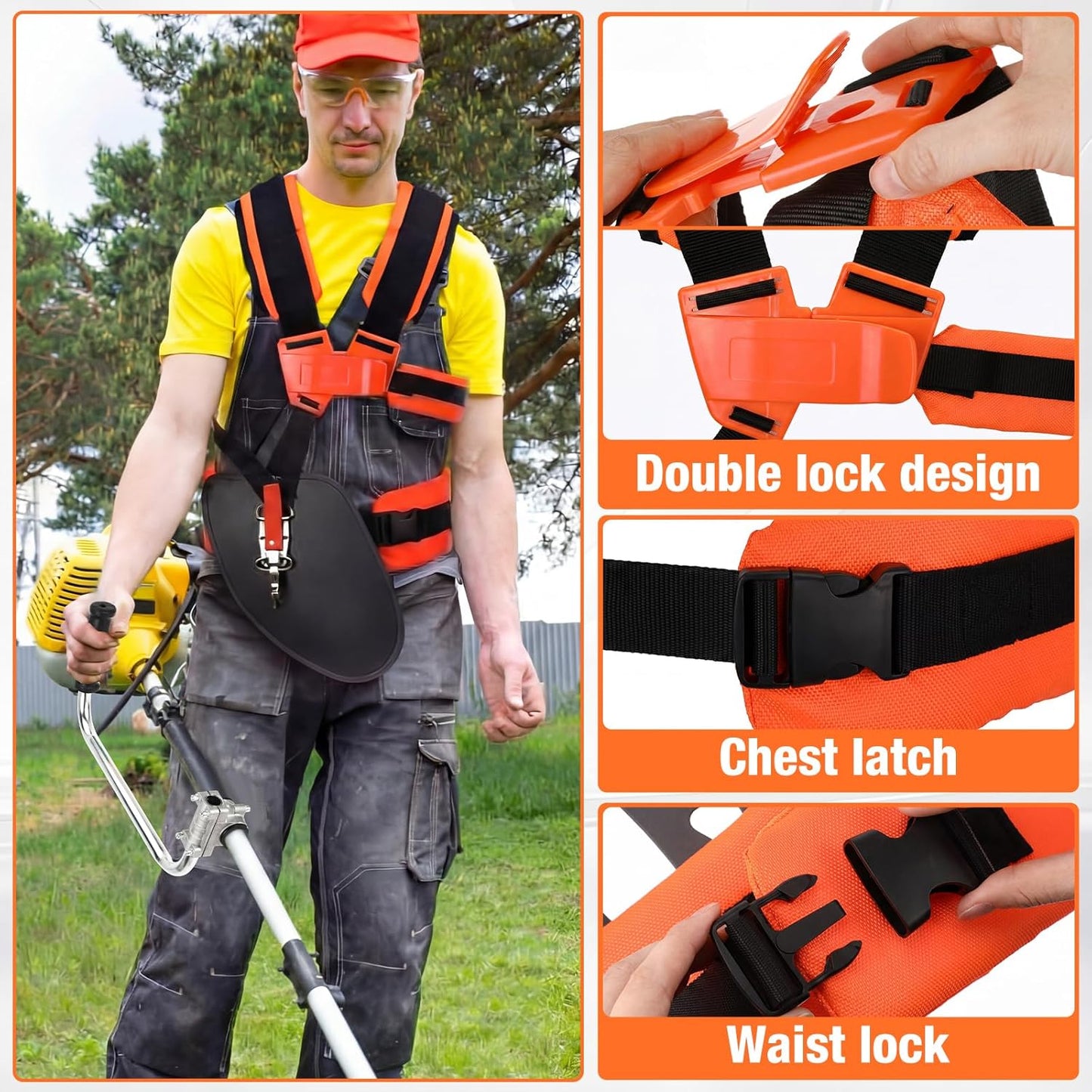 Trimmer Shoulder Strap Padded Universal Adjustable, String Trimmer Harness, Nylon Double Shoulder, Ergonomic Handle Grip for Weed Trimmers, Extension for Lawn Care, Landscaping