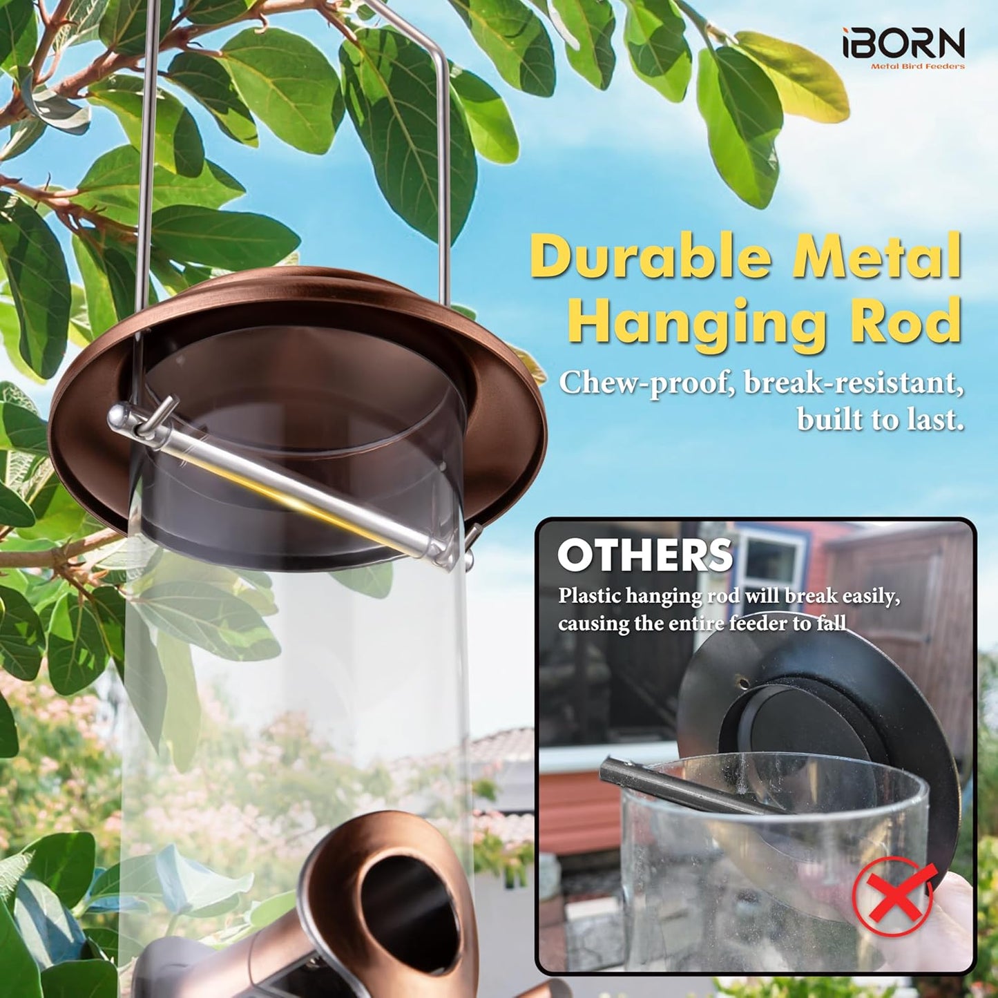 iBorn Metal Bird Feeders Brushed Copper Wild Bird Feeder for Outdoors Hanging All Metal Brushed Copper Finishing 15 Inch 6 Port(Seed is not Included)