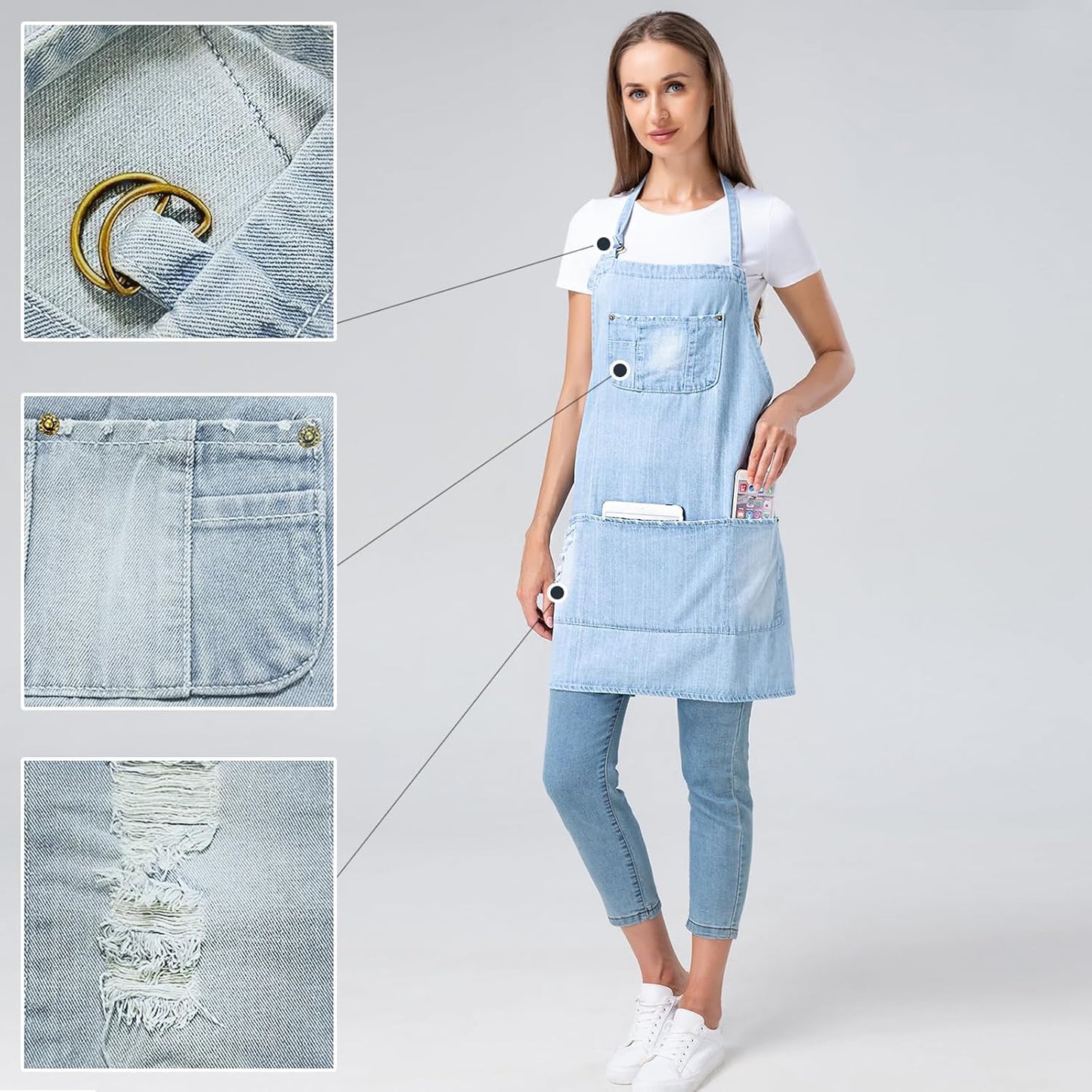 Denim Apron With 5 Pockets for Kitchens,Hairstylist Aprons for Women Men,Adjustable Bib Jean Apron for Arts Cafe Work