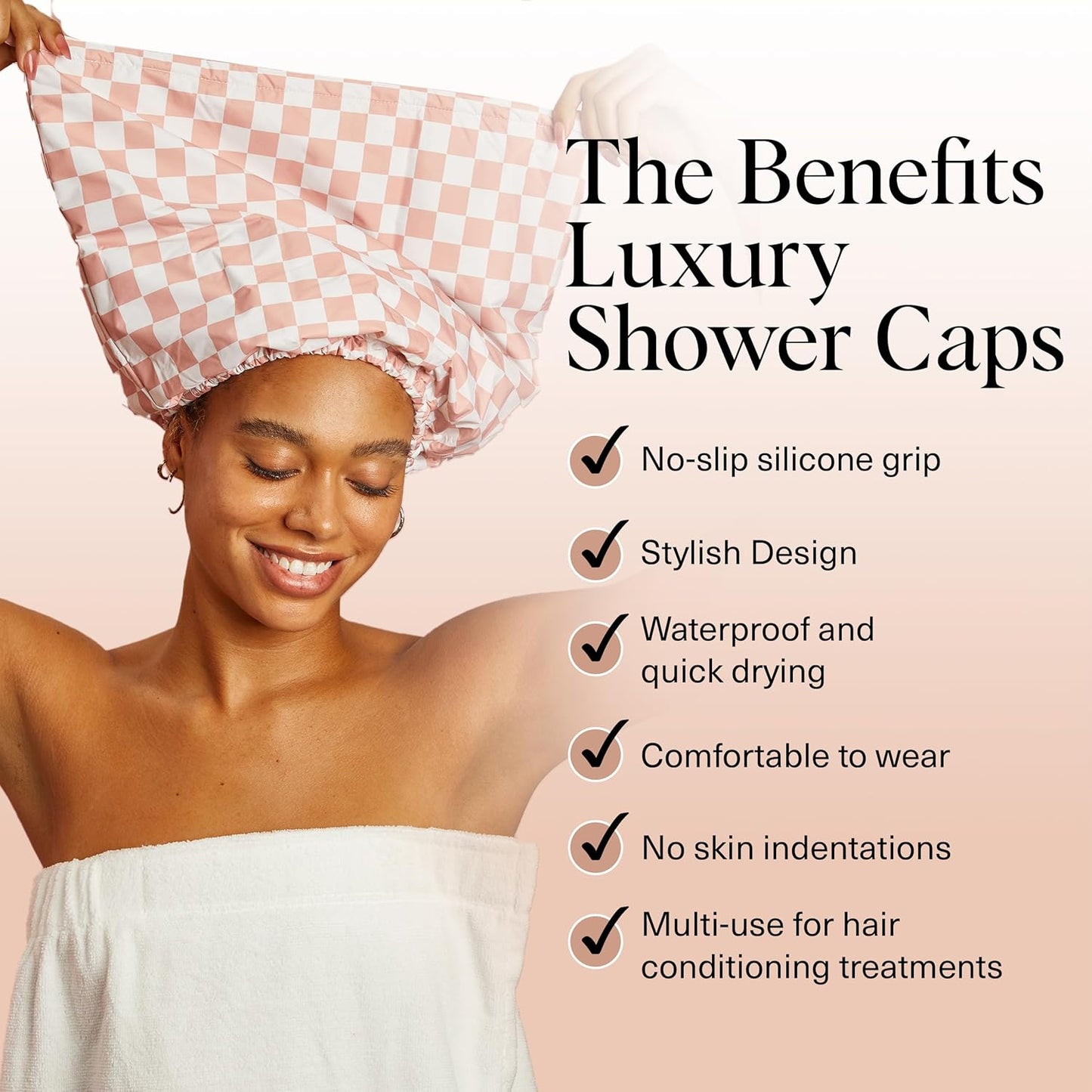 Kitsch Luxury Satin-Lined Flexi Shower Caps for Women Reusable Waterproof - Large Wide Shower Cap for Women & Men, Adjustable, Stylish Hair Cap for Showers, For Long & Short Hair - Terracotta Checker