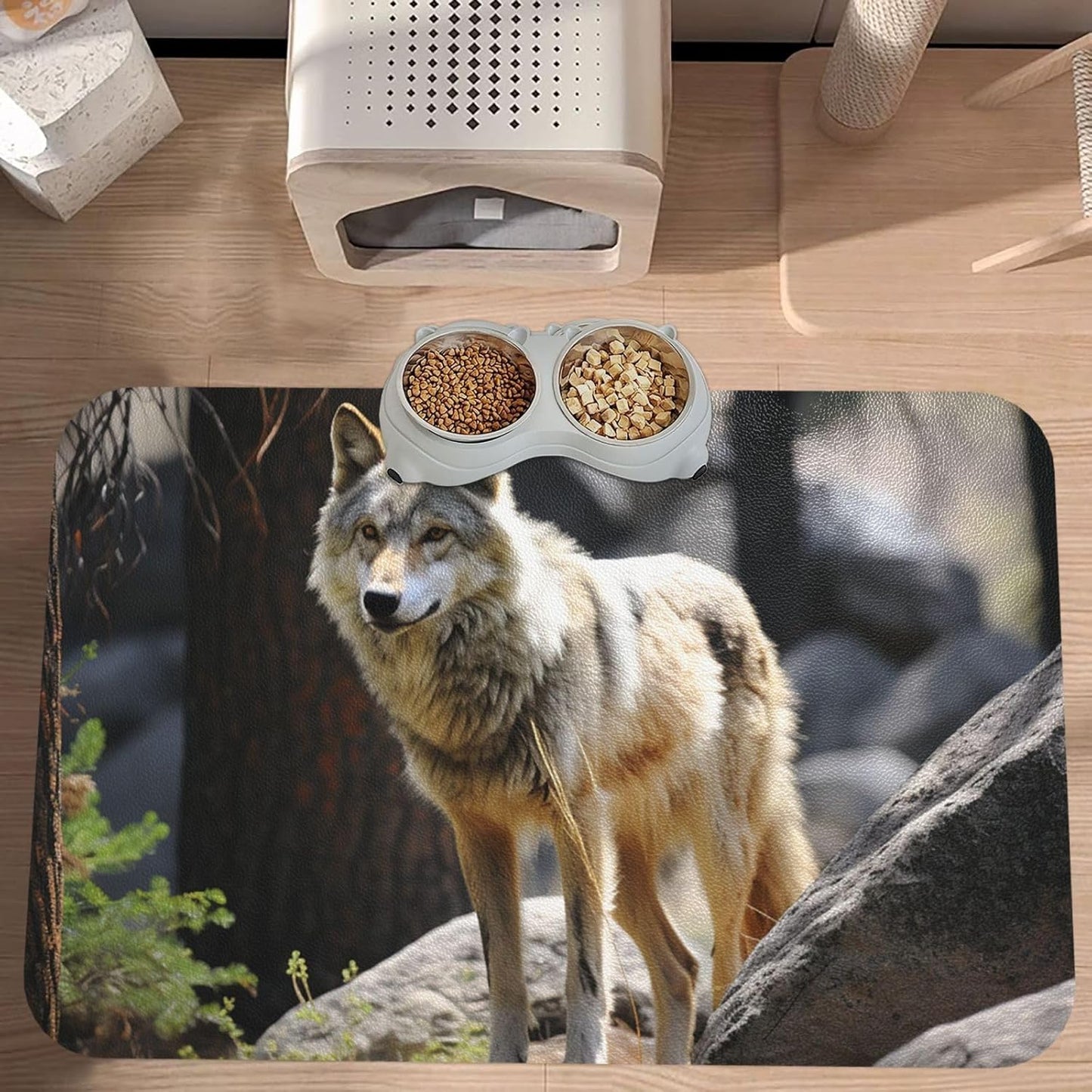 Pet Feeding Mat Leather Dog Food Mat Waterproof Pet Tablecloth Wildlife Wolf Pet Placemat for Dogs Absorbent Dog Bowl Mat Anti-Slip Dogs Mats for Food and Water