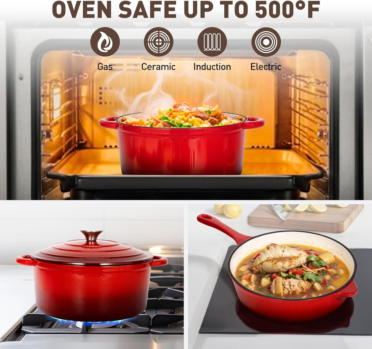 MAISON ARTS 7 Piece Enameled Cast Iron Cookware Set, Heavy Duty Induction Dutch Ovens Pot with Lid, Red Non Toxic Pots and Pans Sets, PFOA-PFOS Free