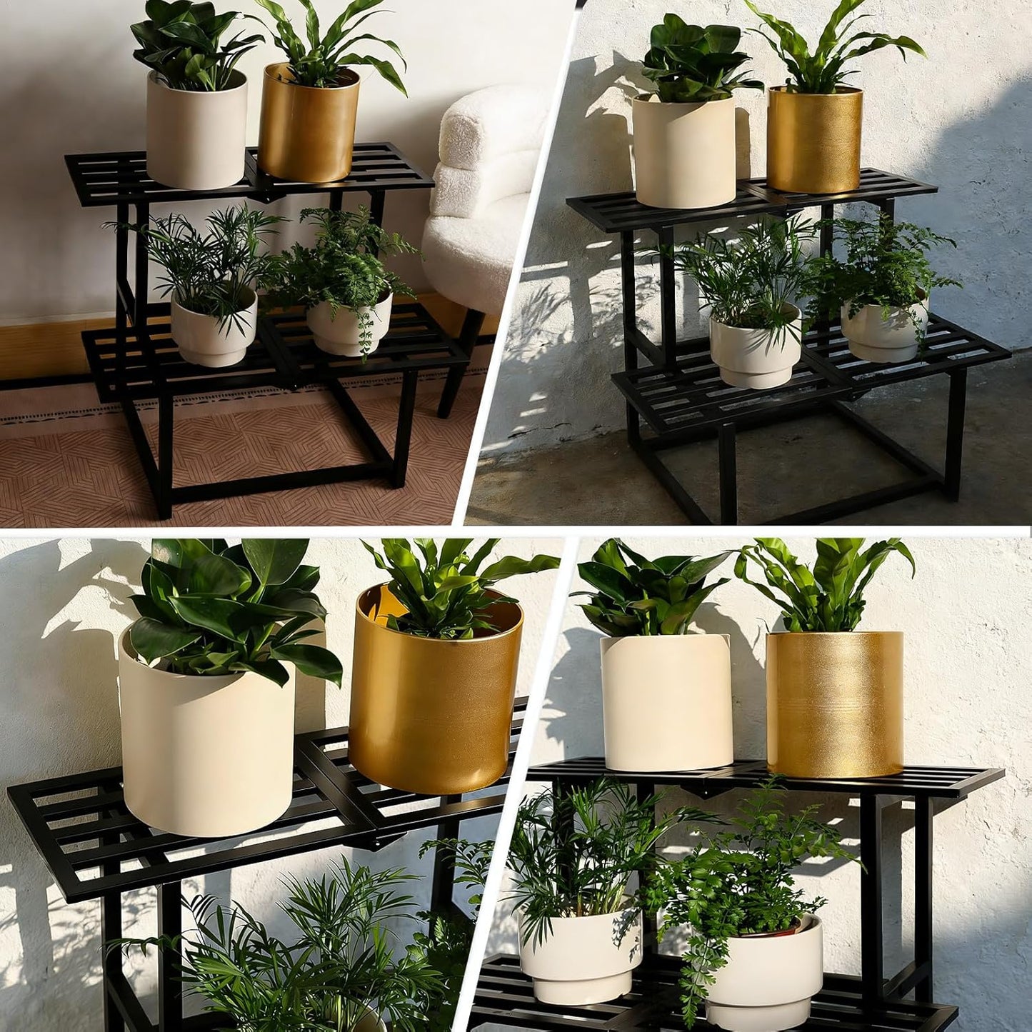 Plant Stand Indoor Outdoor, Foldable Metal Plant Shelf for Multiple Pots, Mid Century Slatted Bench for Patio Garden, Heavy Duty Capacity 330 lbs 2 Tier Black