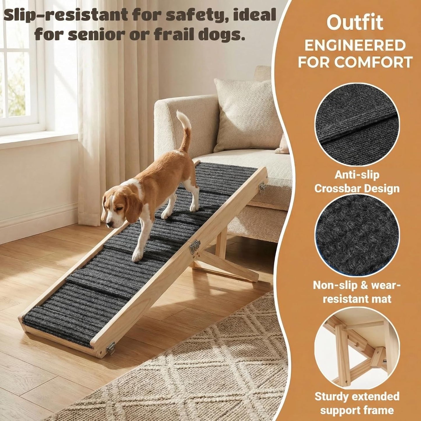 Dog Ramp for Couch & Bed for Small Dogs, Foldable Small Dog Ramps for Sofa - 31.5" LX12 W, 4 Adjustable Height, Portable, Stable, Non-Slip, Carry Handle, Wood
