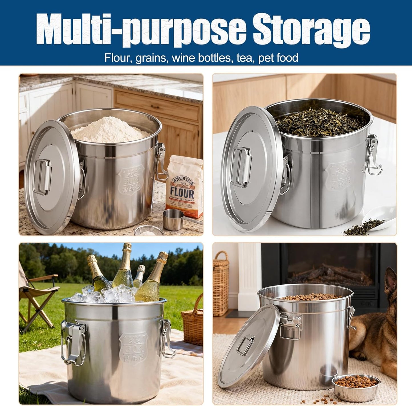 304 Stainless Steel Dog Food Storage Containers with Airtight Lid and Locking Clamp, Fits up to 12Lbs, Large Pet Food Storage Container Metal Pet Food Bin for Dogs, Cats & Birds Seed, Keep Fresh