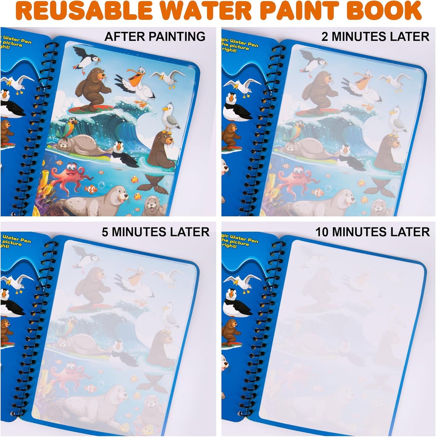 ArtCreativity 4 Pack Magic Water Coloring Books for Toddlers, Reusable Magic Water Pen Coloring Books for Kids - Mess Free Water Art Book for Toddlers - Travel Activity Toys, No-Mess Coloring