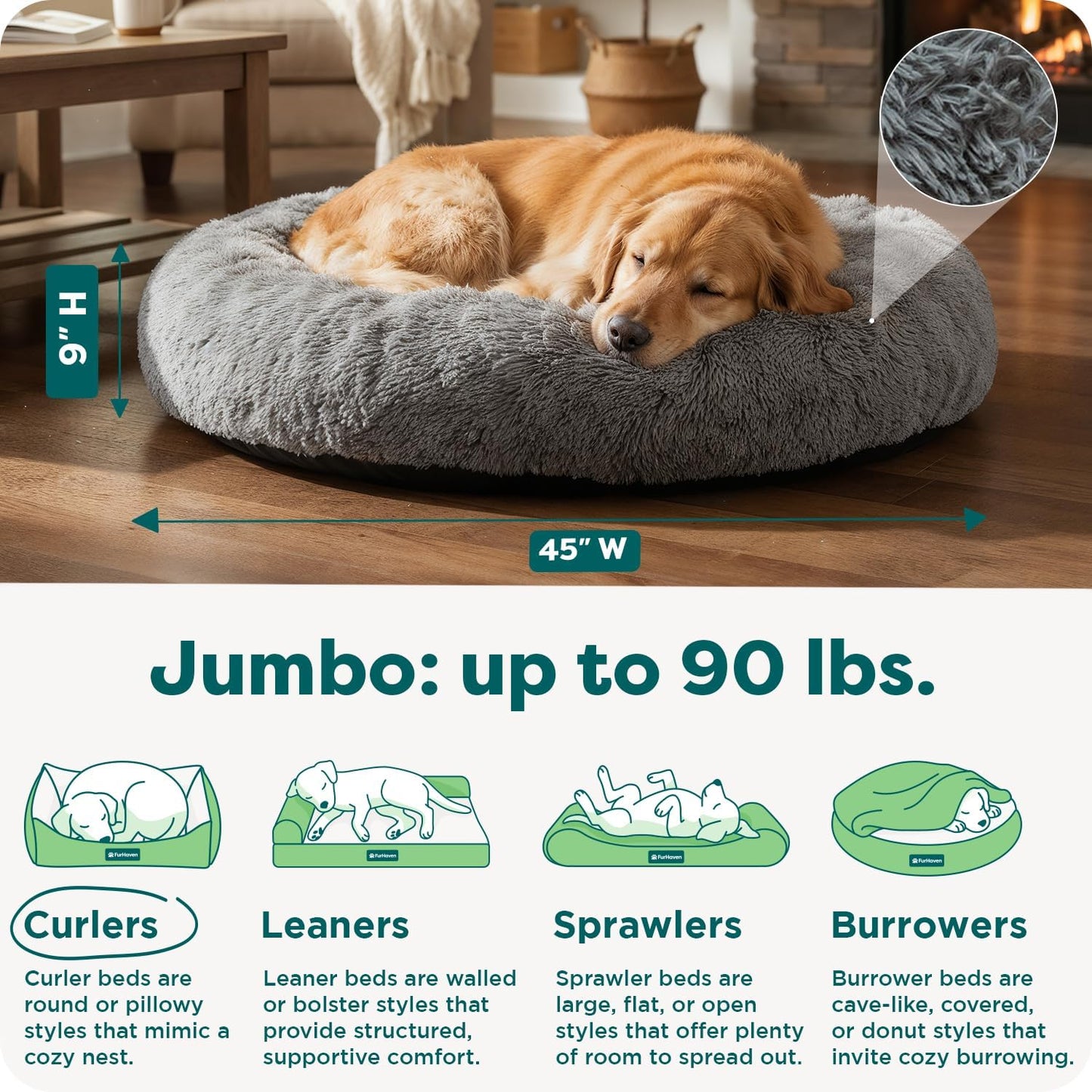 FurHaven 45" Calming Donut Dog Bed for Large Dogs, Round Plush Donut Design with Soft Filling for Snuggling Comfort, Removable Washable Cover, Jumbo XL, Shaggy Faux Fur, Gray