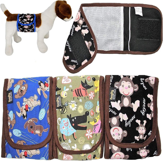Set - 3pcs Dog Puppy Diapers Male Boy Belly Band Wrap Reusable Washable for Small Dog Breeds (Black-Blue-Green, S: Waist 10" - 11")