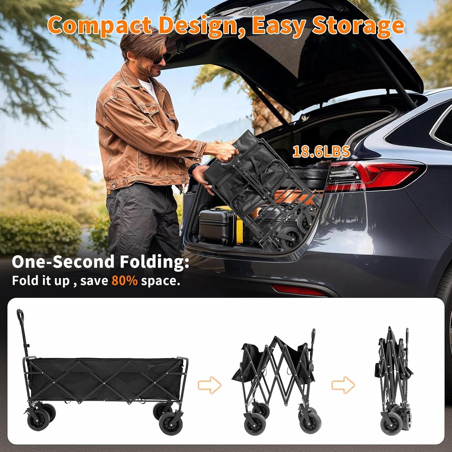 49" Extra Long Wagons Carts Foldable, 440 LBS Large Capacity Collapsible Wagon Heavy Duty with Wheels, Portable Utility Folding Wagon for Beach, Garden & Camping