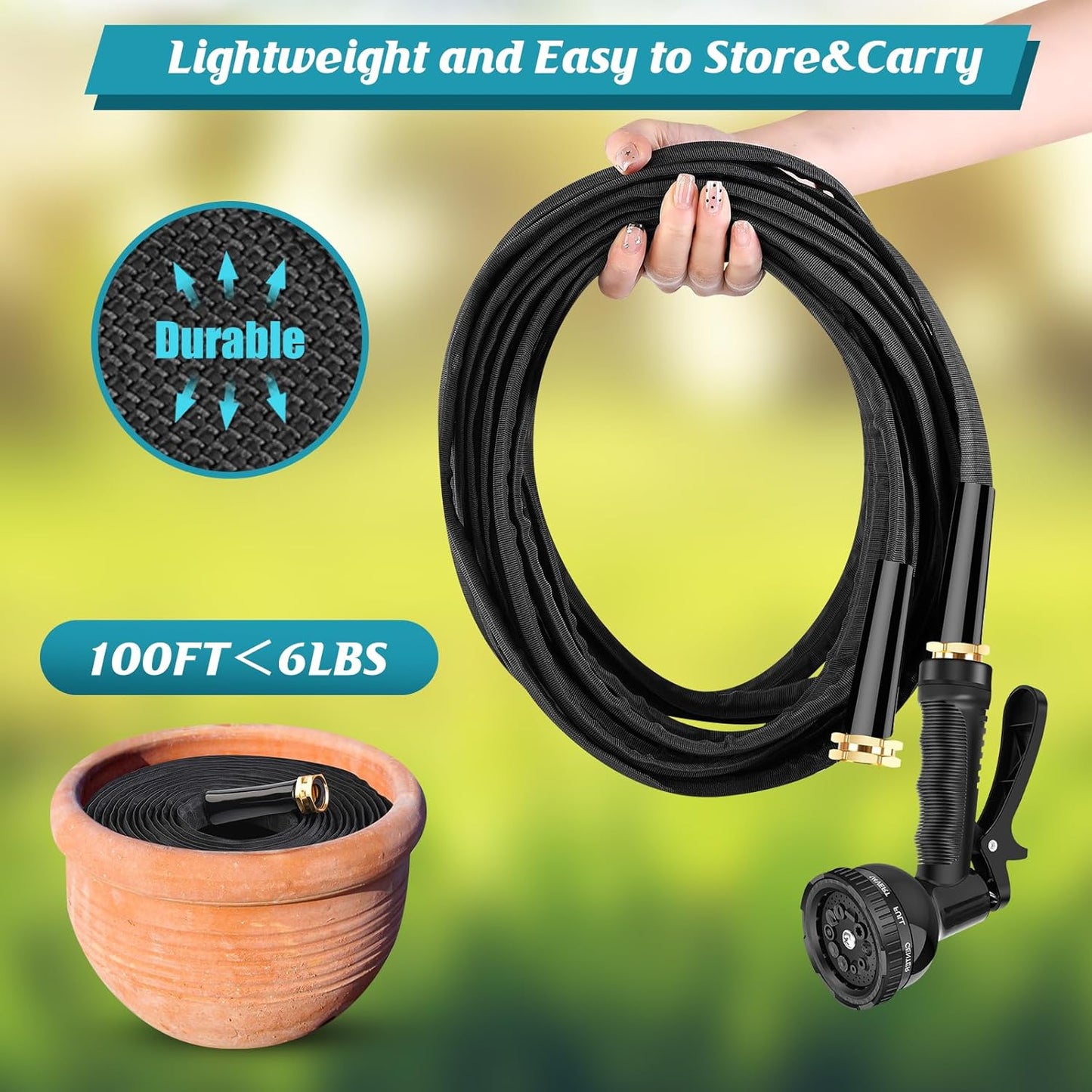 Garden Hose 100ft, 3/4" GHT Non-Expanding Water Hose Lightweight, Flexible Garden Hose with 10 Function Nozzle, Kink-Free, Sturdy, High-Pressure, Abrasion Resistant Hoses for Yard, Garden