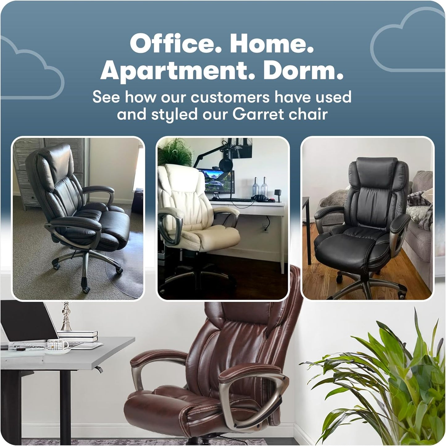Serta Garret Executive Office Chair, Ergonomic Mid-Back with Lumbar Support, Semi-Plush Cushion and Body Pillows, Padded Armrests, Swivel Base, Bonded Leather, Ivory White