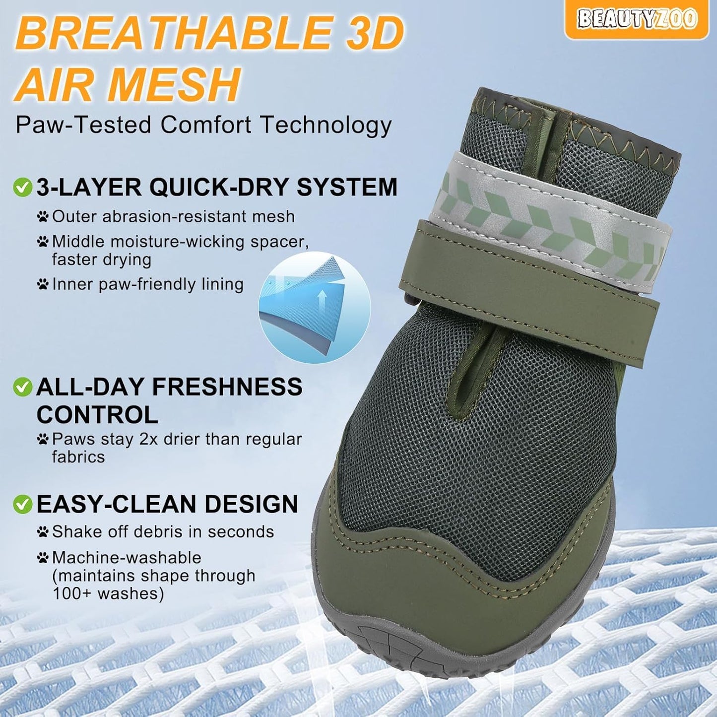 BEAUTYZOO Waterproof Dog Shoes for Winter Cold Weather, Anti Slip Dog Boots for Medium Large Senior Dogs, Breathable Dog Booties and Paw Protectors to Prevent Licking, 4PCS Doggie Hiking Boots
