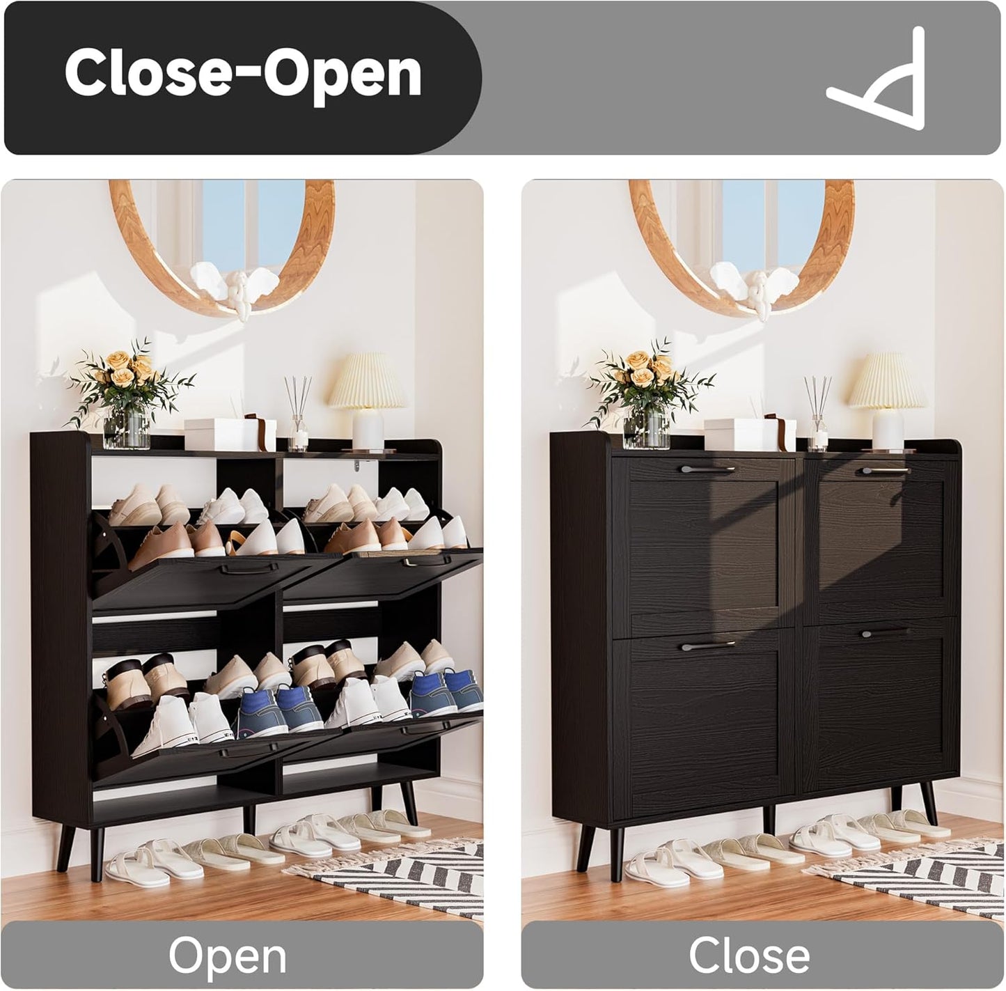 Shoe Storage Cabinet with 4 Flip Drawers, Freestanding Shoe Organizer with Adjustable Shelf & Anti-Tipping Device, Hidden Shoe Rack for Entryway, Hallway, Foyer, Lounge（Black）