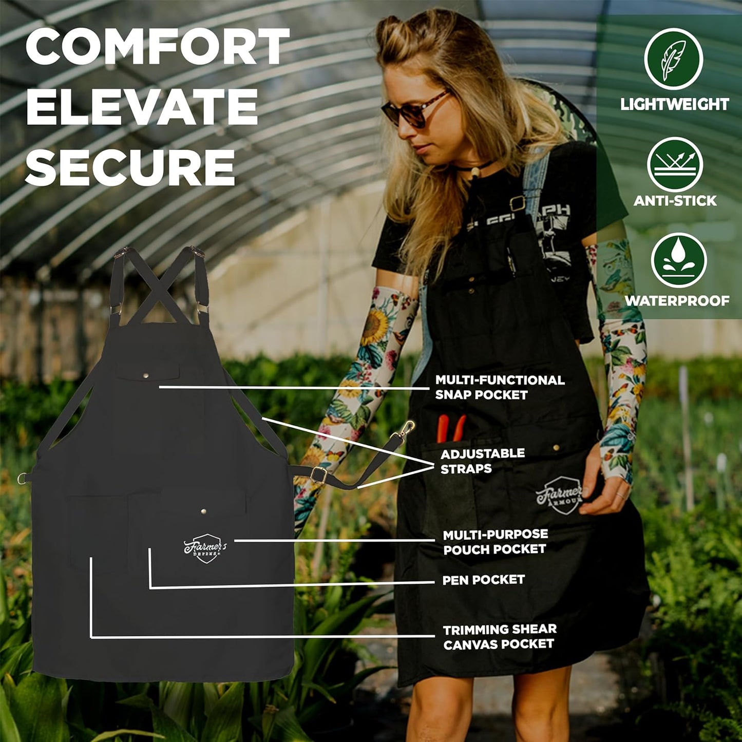 FARMER'S DEFENSE Lightweight Garden Apron with Canvas Pockets | Waterproof, Adjustable, Stick Resistant, Eco-Friendly, Durable | Outdoor Gardening Work and Kitchen Cooking Tasks | Black - L/XL