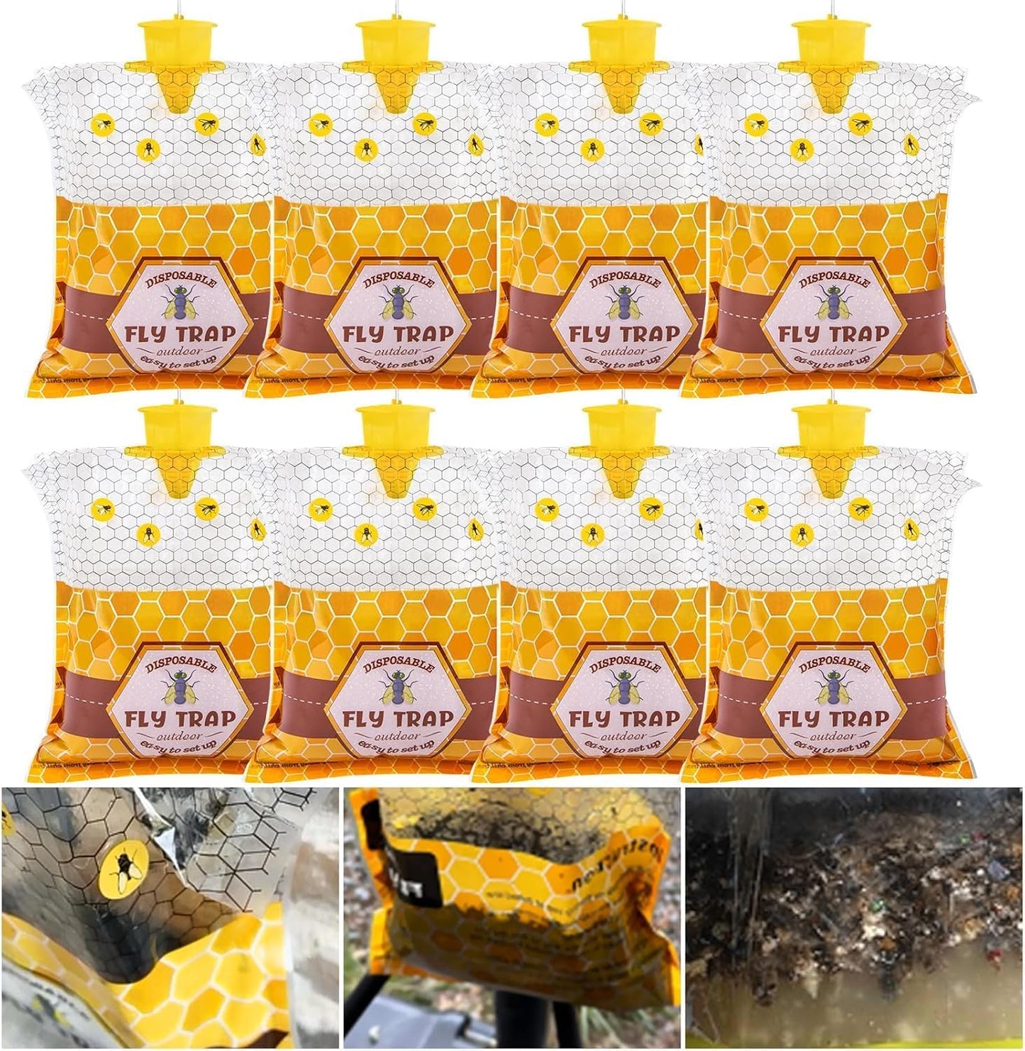 8 Pack Big Fly Traps Outdoor Hanging for Patio, Flies Bags Outdoor Disposable with 50g Bait, Bug Fly Hunter Catcher Killer Control for Barn Horse Ranch Chicken Coop