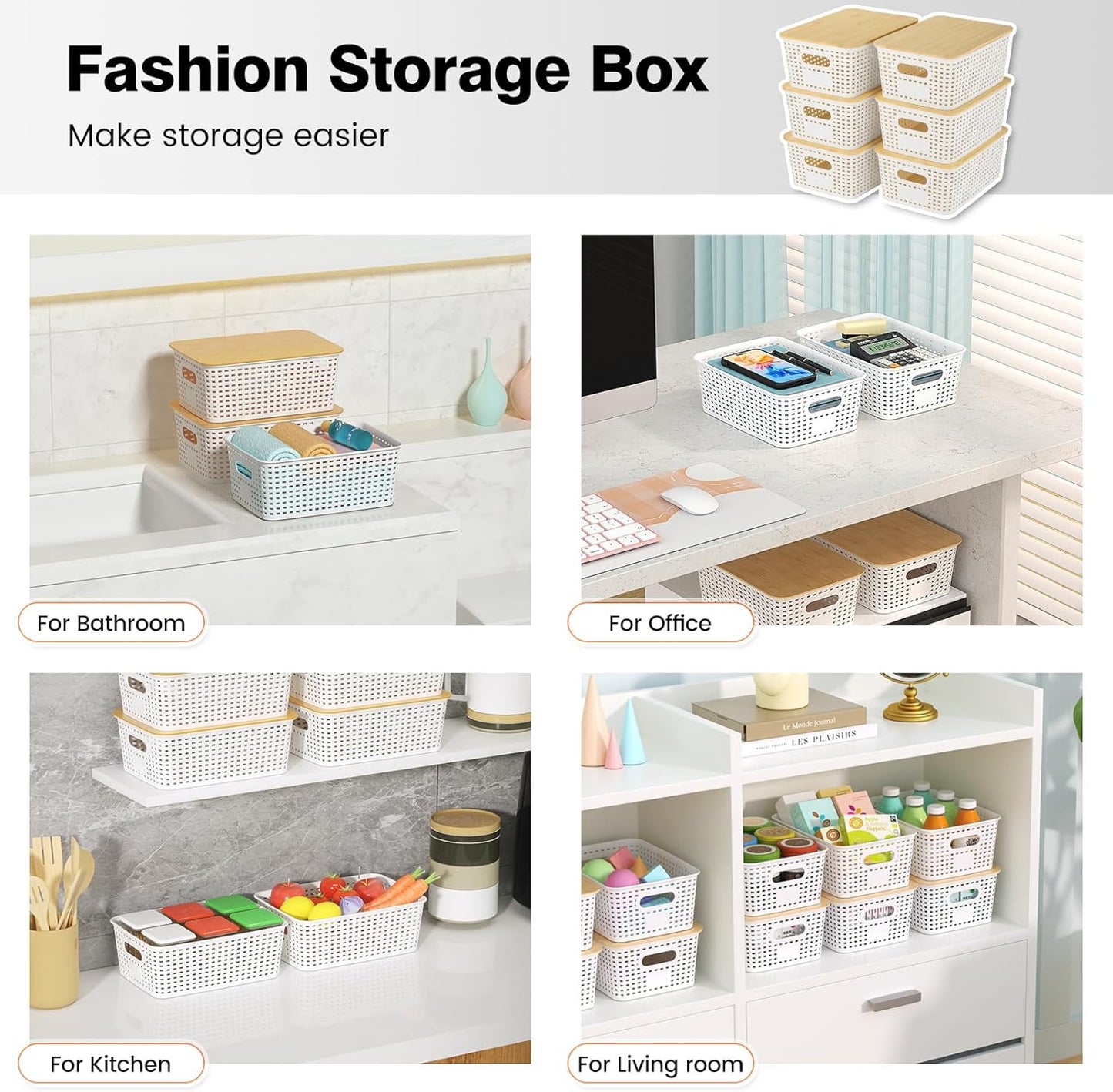 Plastic Storage Baskets With Bamboo Lid - Plastic Storage Containers Stackable Storage bins: Storage Baskets for Organizing Shelves Drawers Desktop Closet Playroom Classroom Office, 6 Pack