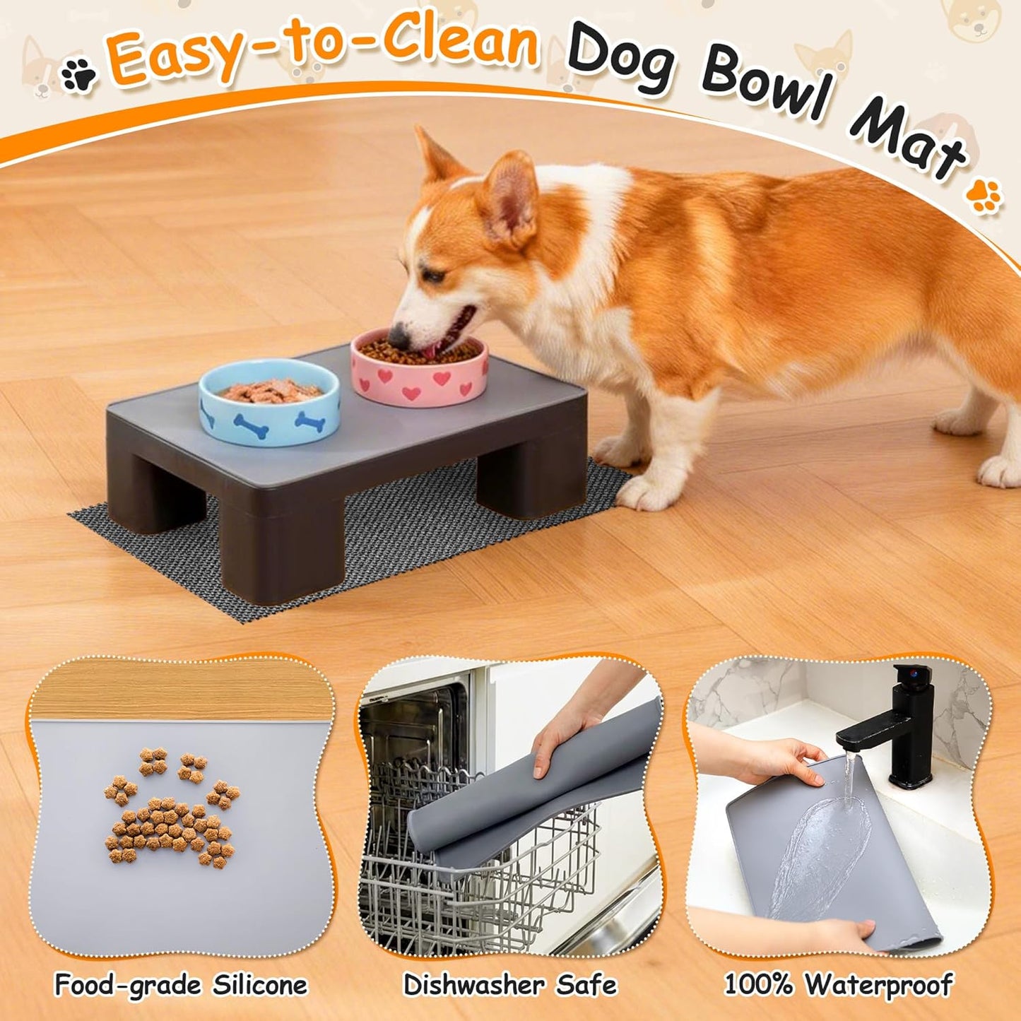 Upgraded Elevated Dog Bowl Stand and 100% Waterproof & Non-Slip Mat, Raised Bowl Stand for Small Medium Dogs, Easy-Clean Silicone Pet Food Mat- Neck Strain Relief & Protect Your Floors