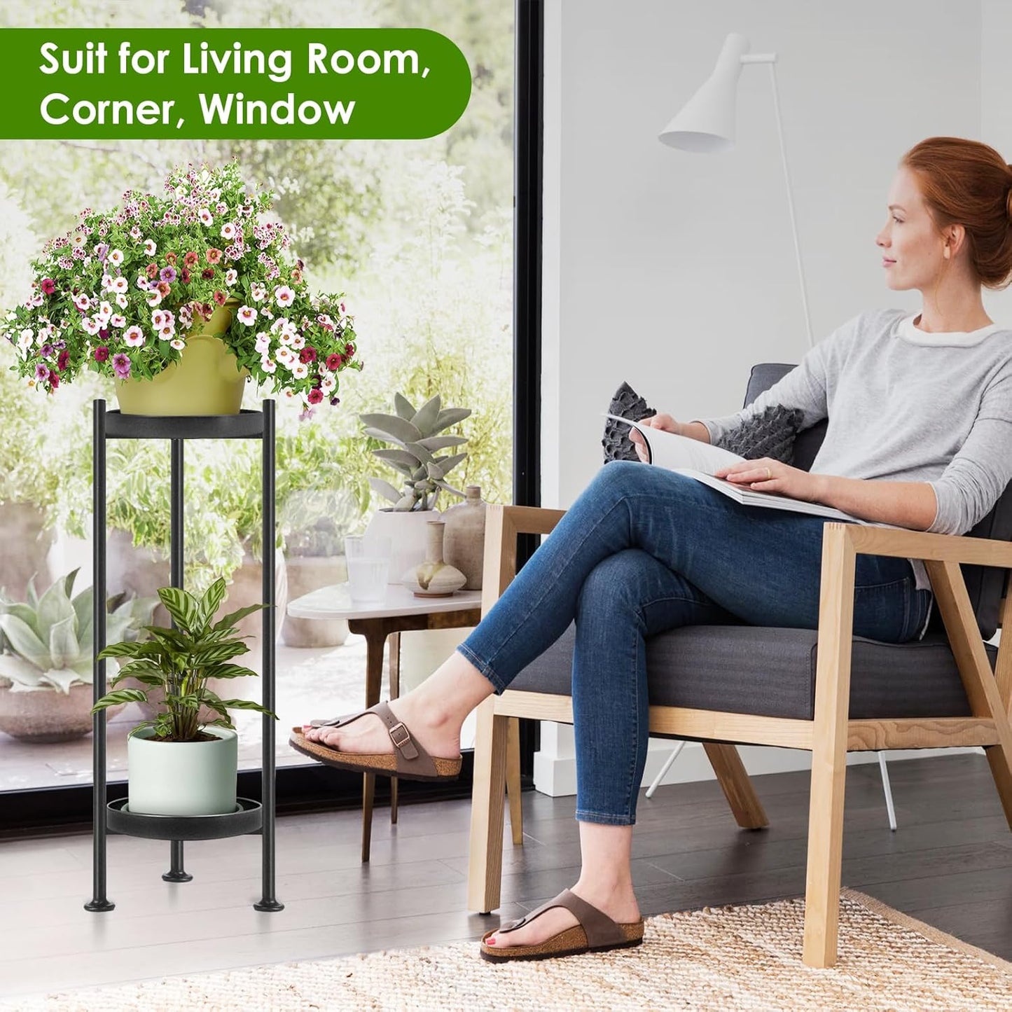 Plant Stand Indoor Outdoor, 2 Tier Iron Plant Stand, 30'' Tall Pedestal Stand Outdoor, Metal Flower Stands for Indoor Plants, Balcony, Living Room