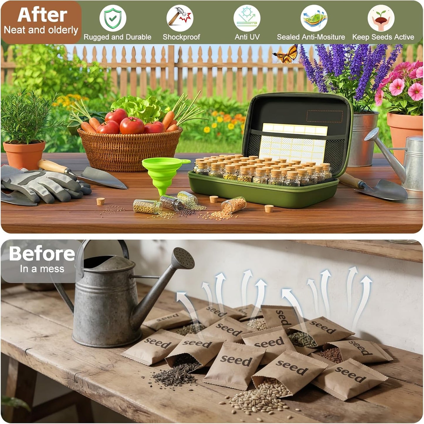 40 Slots Seed Storage Organizer Box, Sturdy Seed Organizer with Classic Vintage Design, Garden Seed Saver Kit with Label Stickers and Funnel, Airtight Seed Storage Container for Flowers, Vegetables