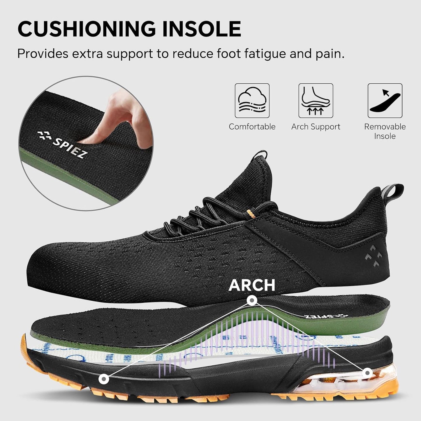 SPIEZ Safety Shoes for Men Women - Air Cushion Non-Steel Composite Toe, Lightweight Fashion Sneaker Design,Slip-On with Adjustable Laces, All-Day Protection, Black Orange US 6-13.5