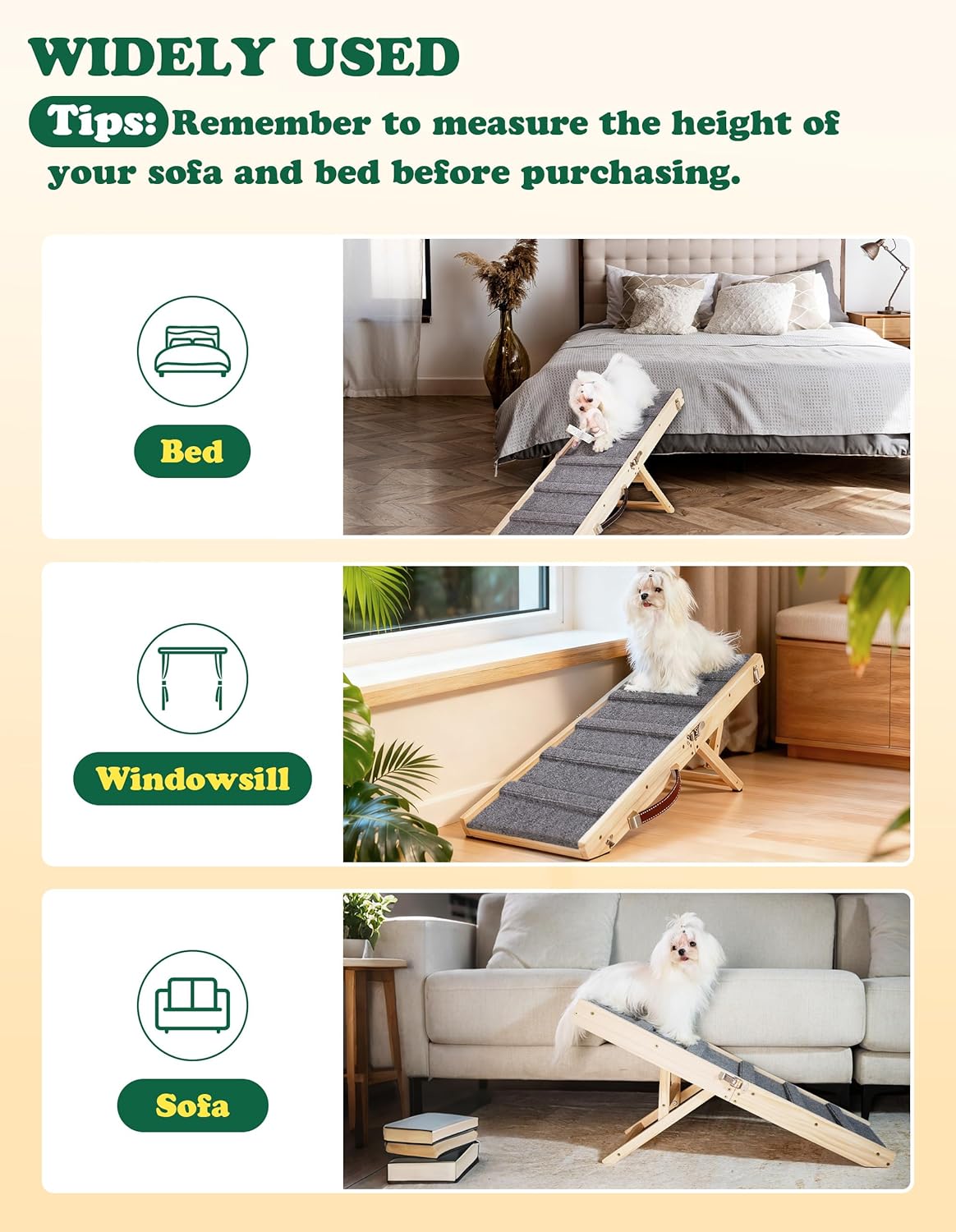 Dog Ramp Dog Stairs for Small Dogs Foldable Dog Ramp with 4 Adjustable Heights from 7.48'' to 15.35" Wood Pet Ramp with Non Slip Carpet Portable Puppy Ramp for Couch, Sofa, Low Bed