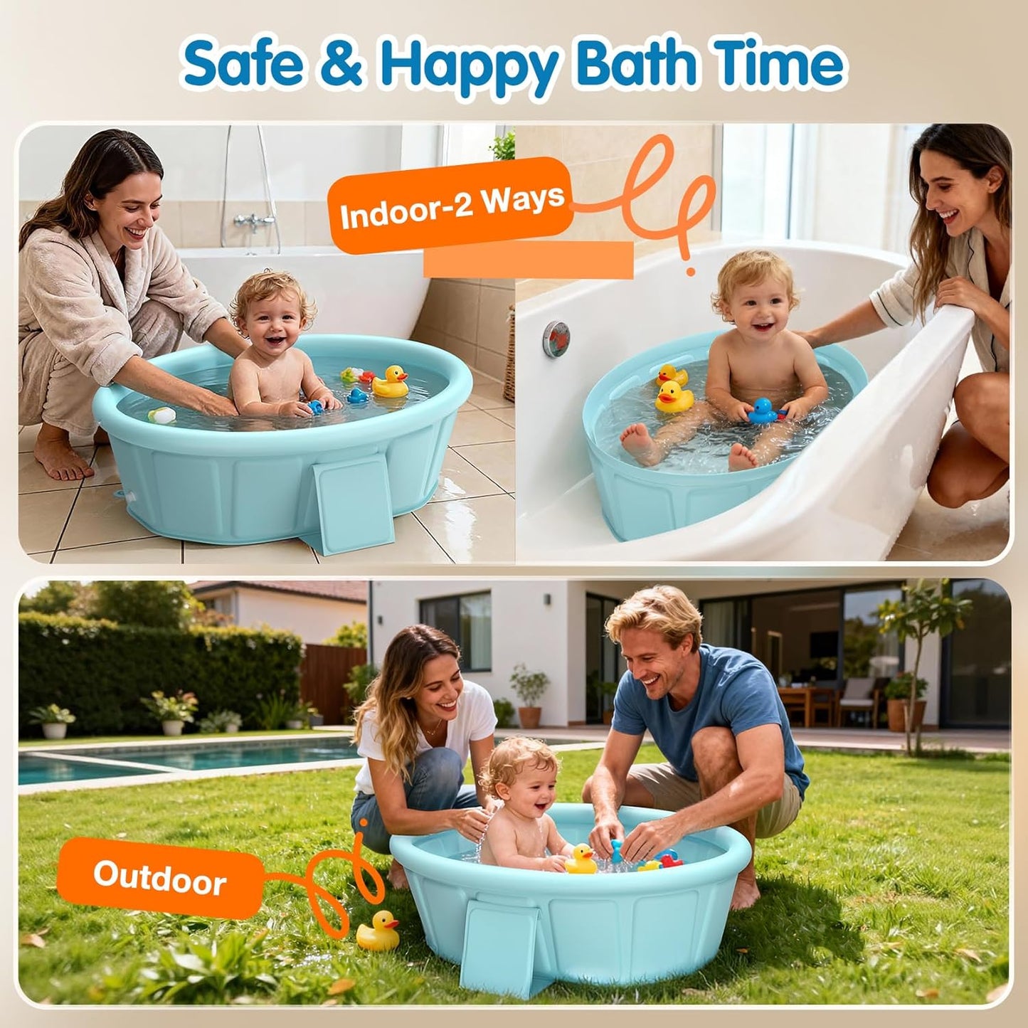Baby Bathtub with Inflatable Top Edge, Extra Stable Infant Bath Tub, Collapsible & Portable for Baby Bath Time, No Tilt Design for 12M-6Y Toddler, No Assembly for Travel Shower