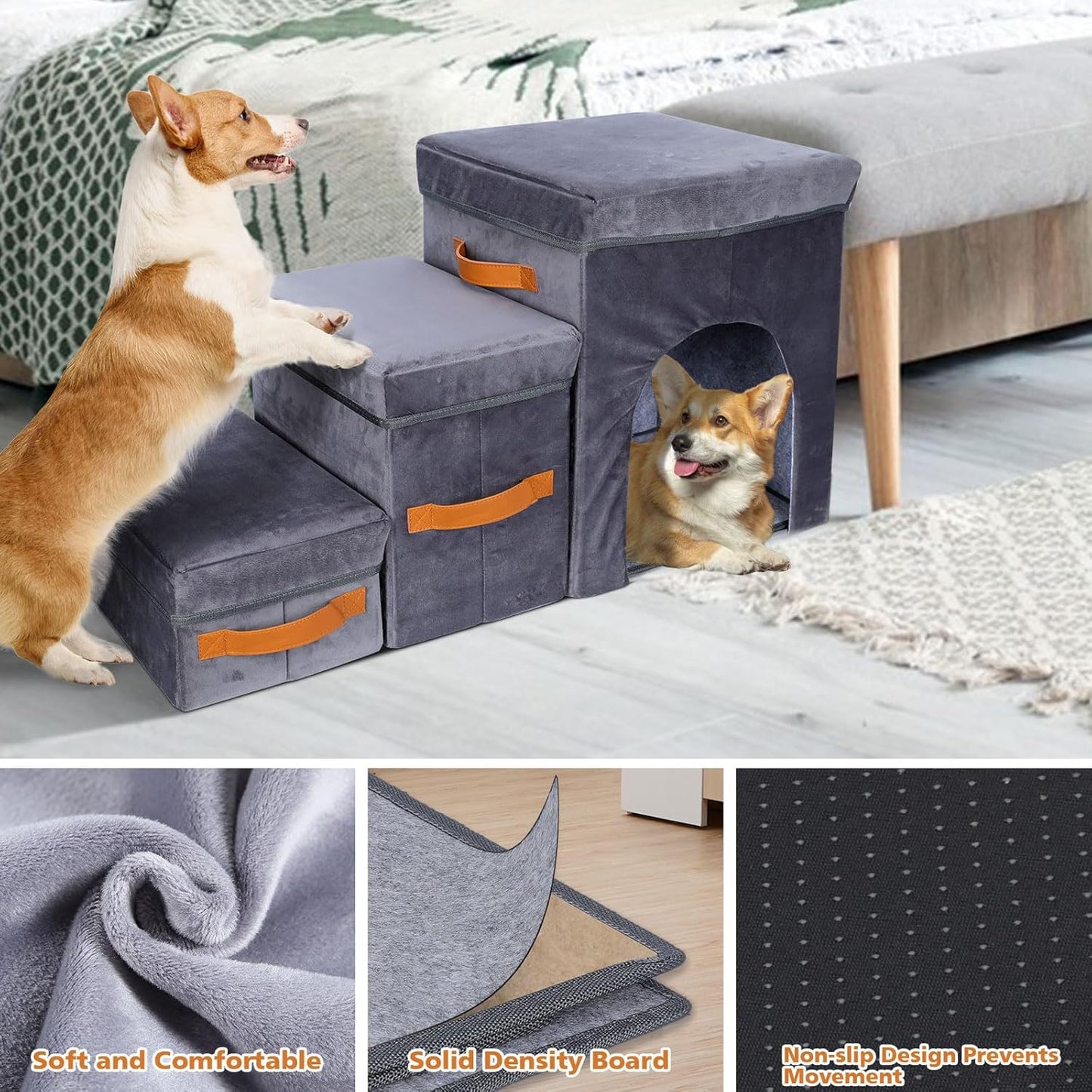 Topmart Foldable Dog Stairs for Bed, 3-Step Pet Stairs with 2 Storage Boxes & Condo for Small, Short-Legged Dogs