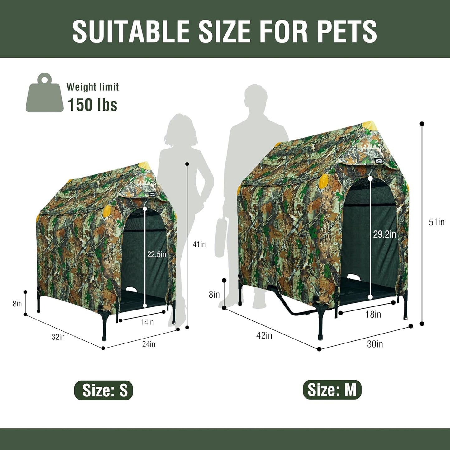 42" Camouflage Canvas Outdoor Dog House Weatherproof,360° Visibility and Breathable Design,2-in-1 Dog Shade Shelter for Large Breeds with Removable Waterproof Cover,Elevated Dog Bed with Canopy (M)